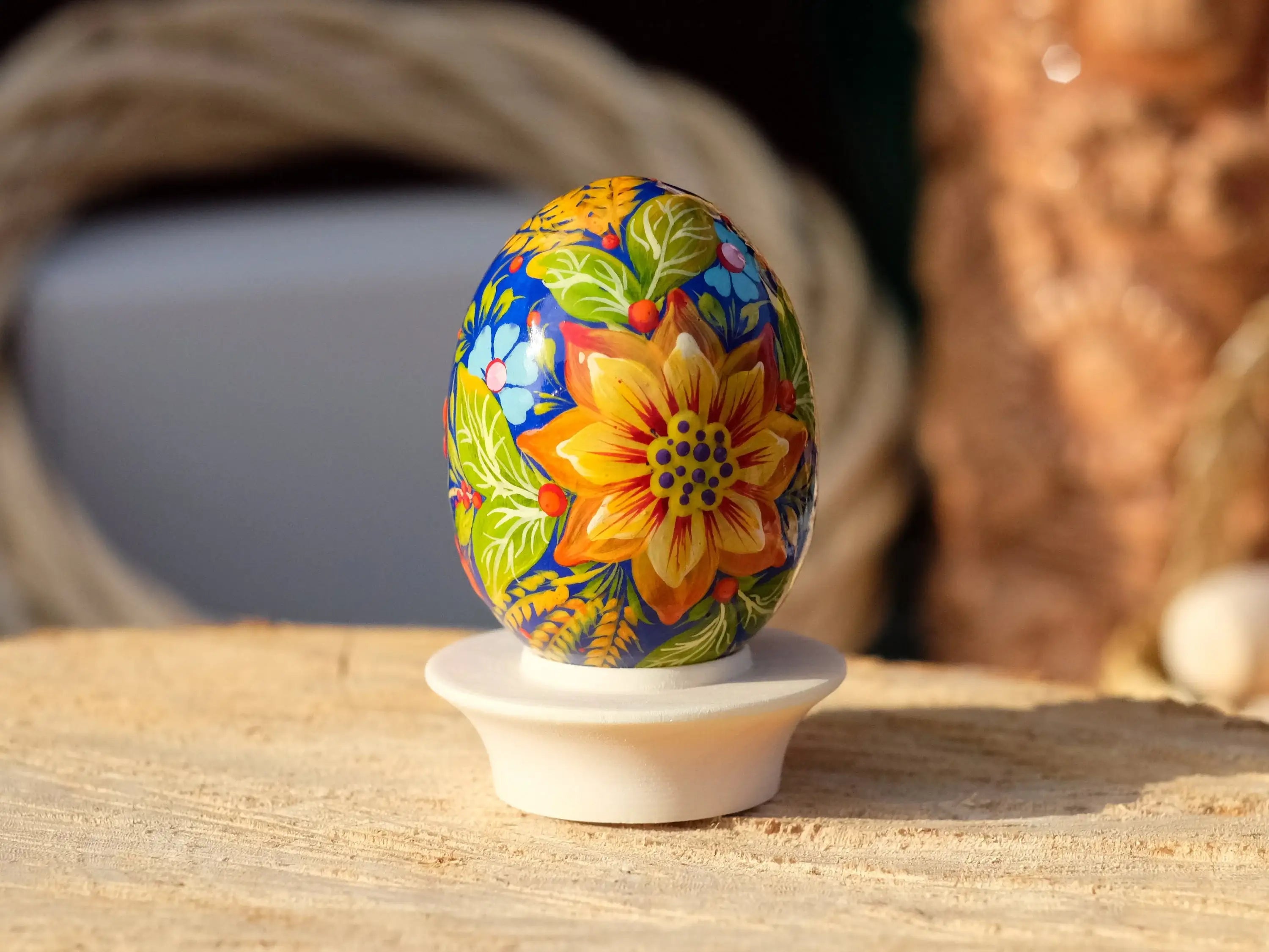 Ukrainian Wooden Easter Egg with Painted Cranes and Rustic House