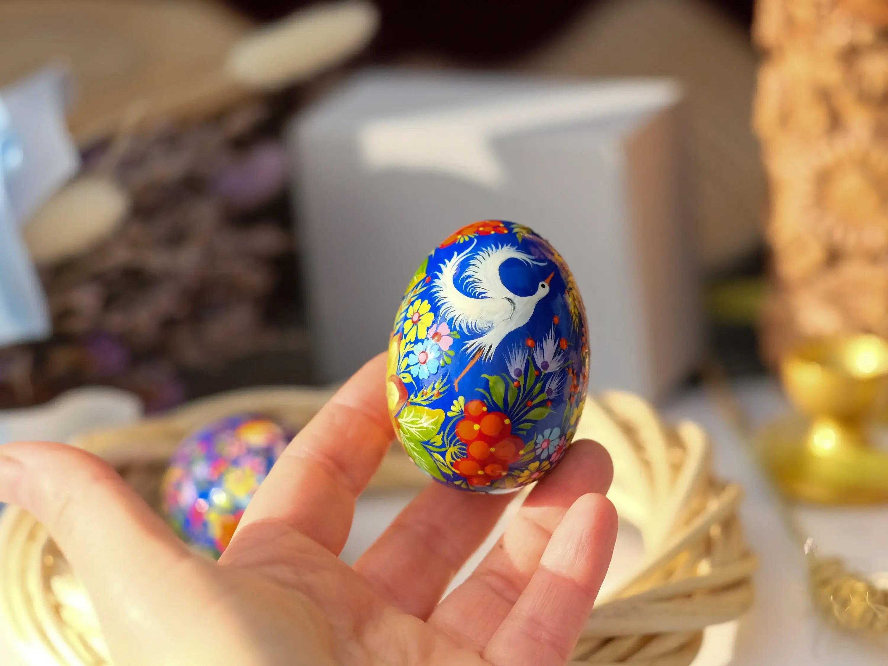 Ukrainian Wooden Easter Egg with Painted Cranes and Rustic House