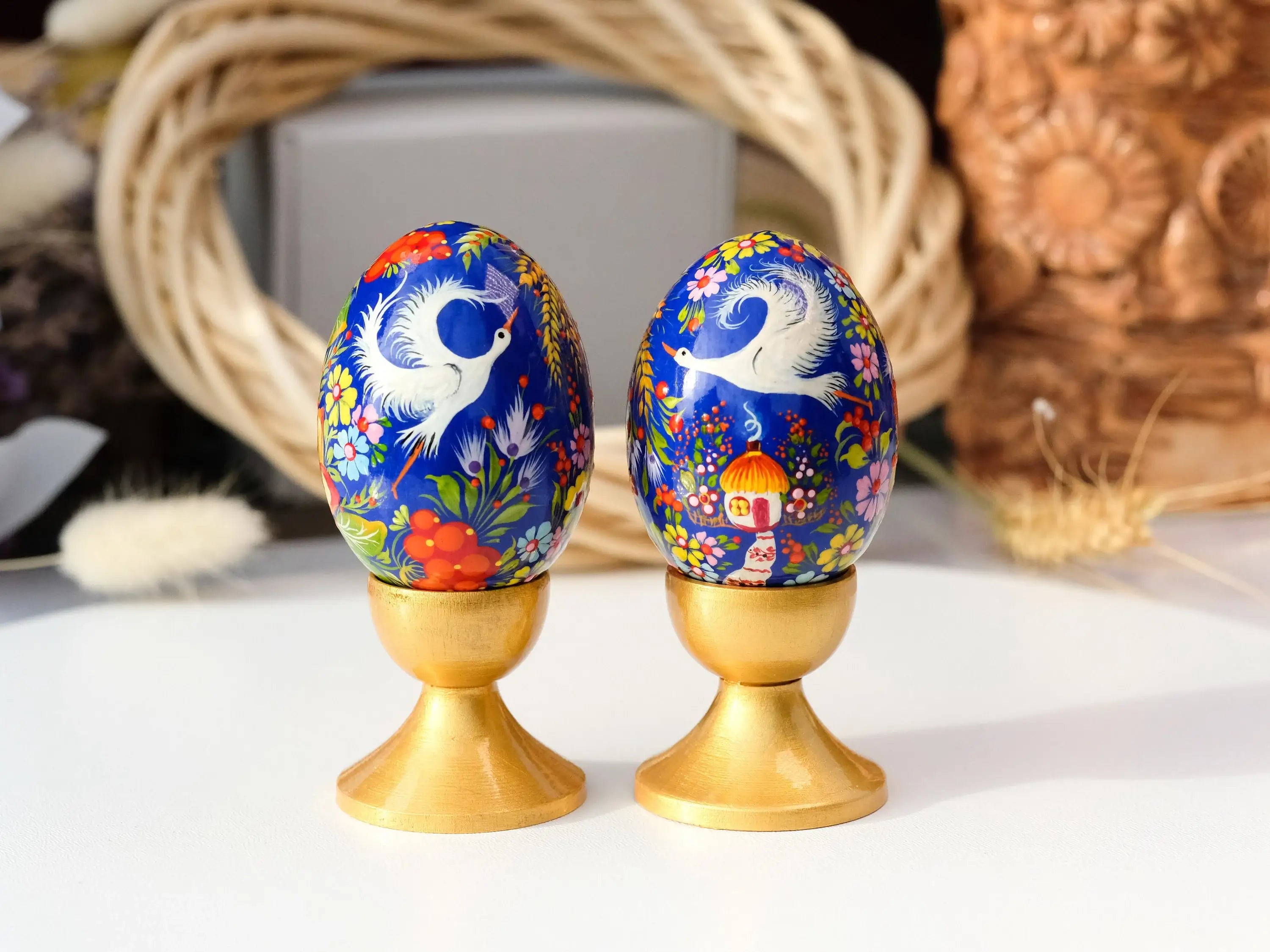 Ukrainian Wooden Easter Egg with Painted Cranes and Rustic House