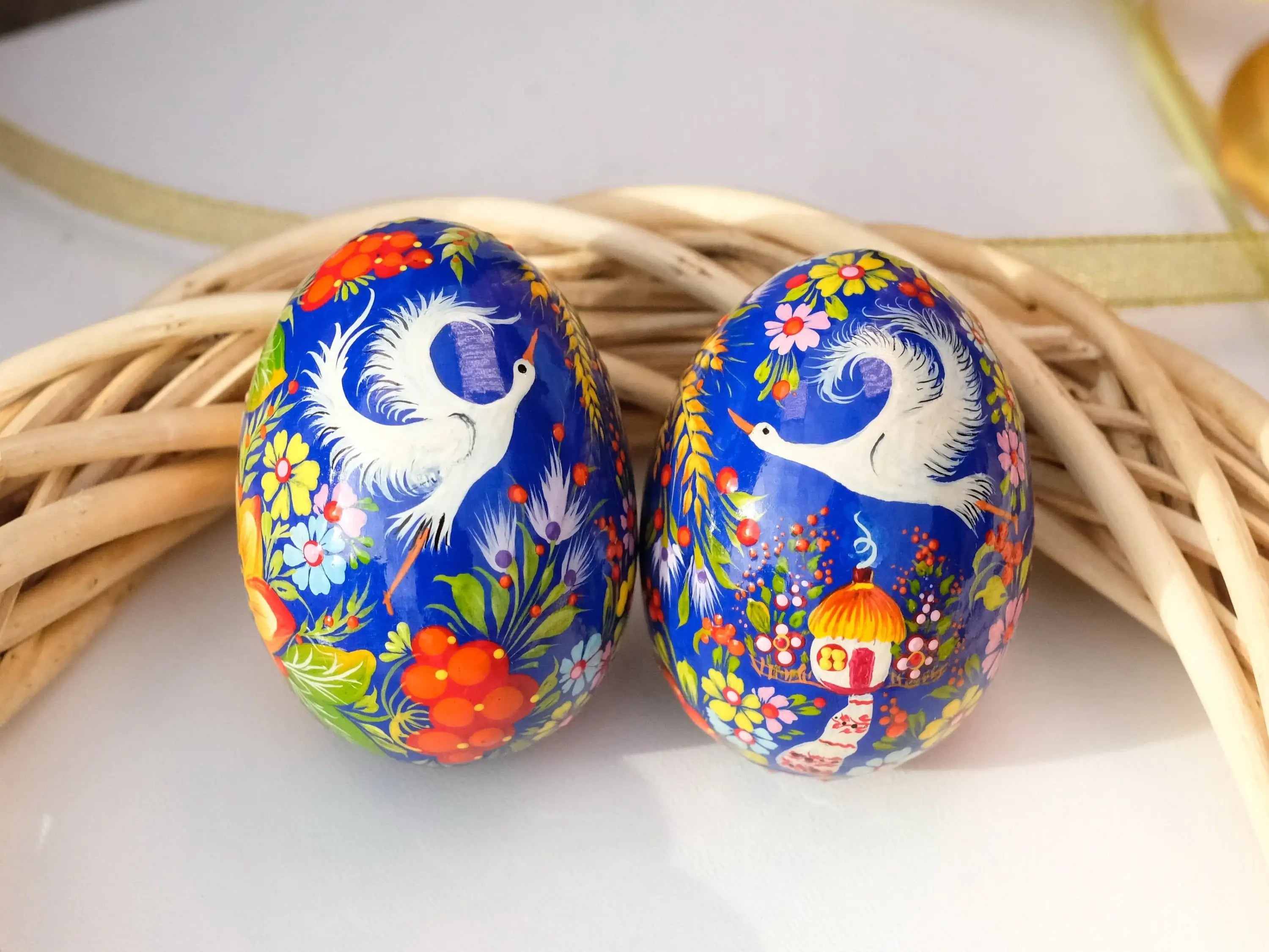 Ukrainian Wooden Easter Egg with Painted Cranes and Rustic House