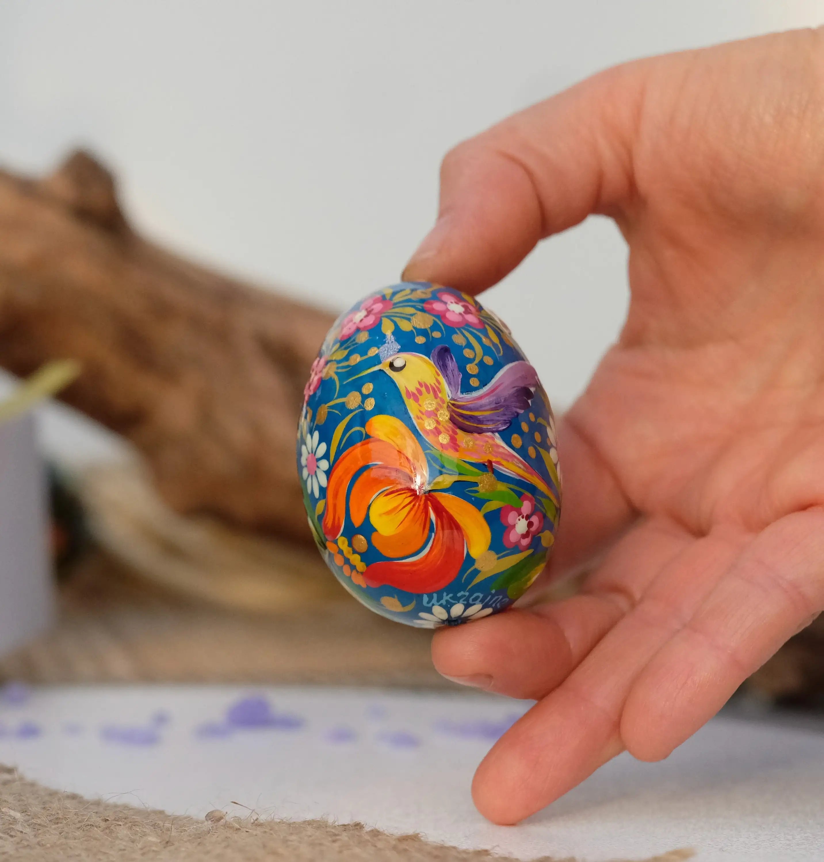 Painted Wooden Hummingbird Easter Egg with Petrykivka Art