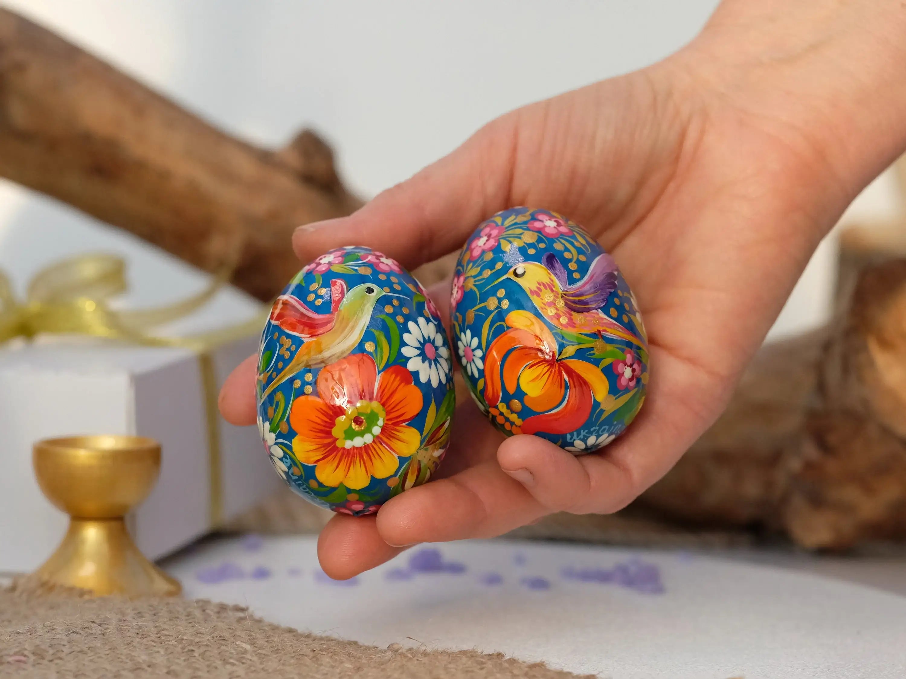 Painted Wooden Hummingbird Easter Egg with Petrykivka Art
