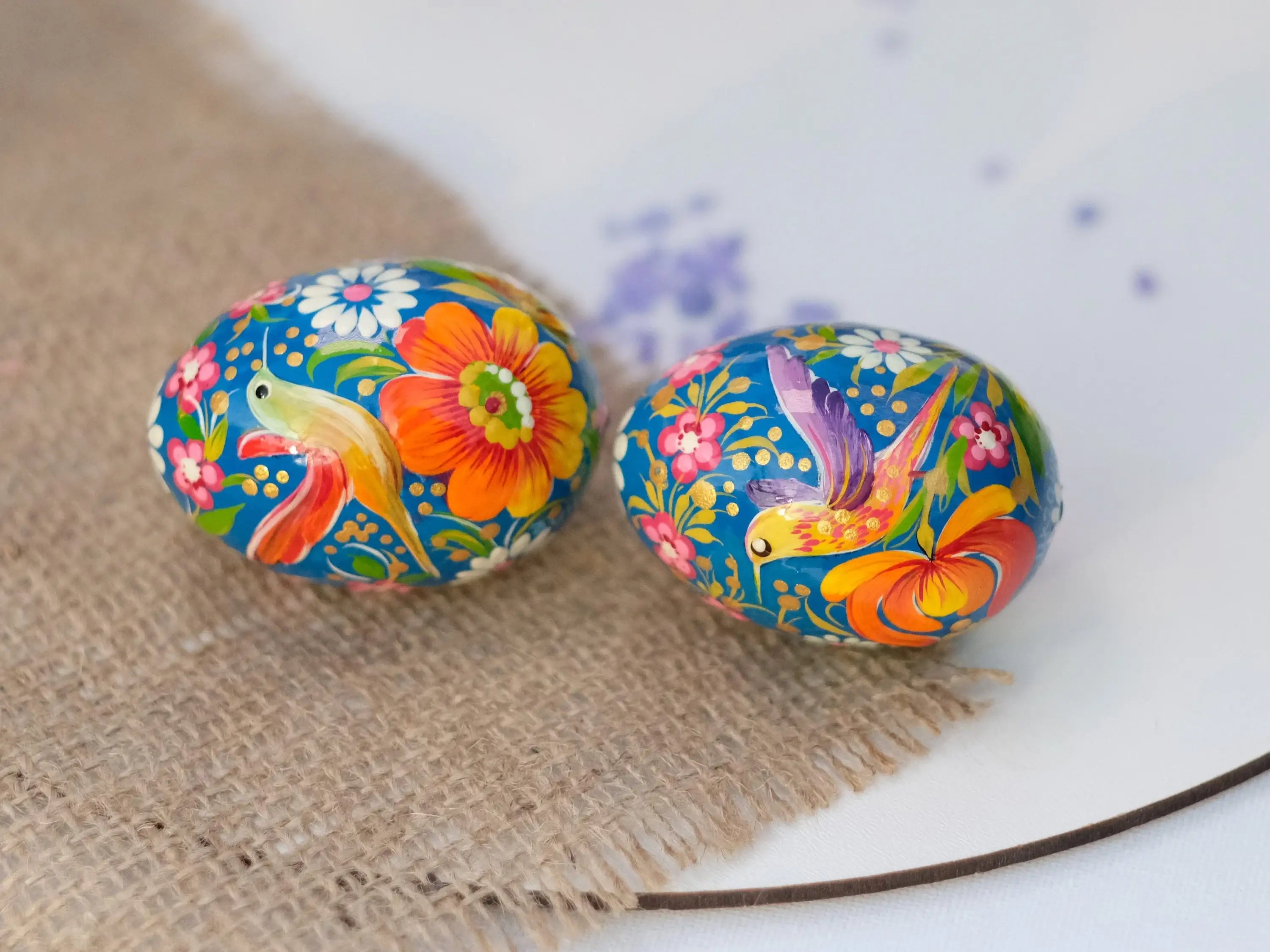 Painted Wooden Hummingbird Easter Egg with Petrykivka Art