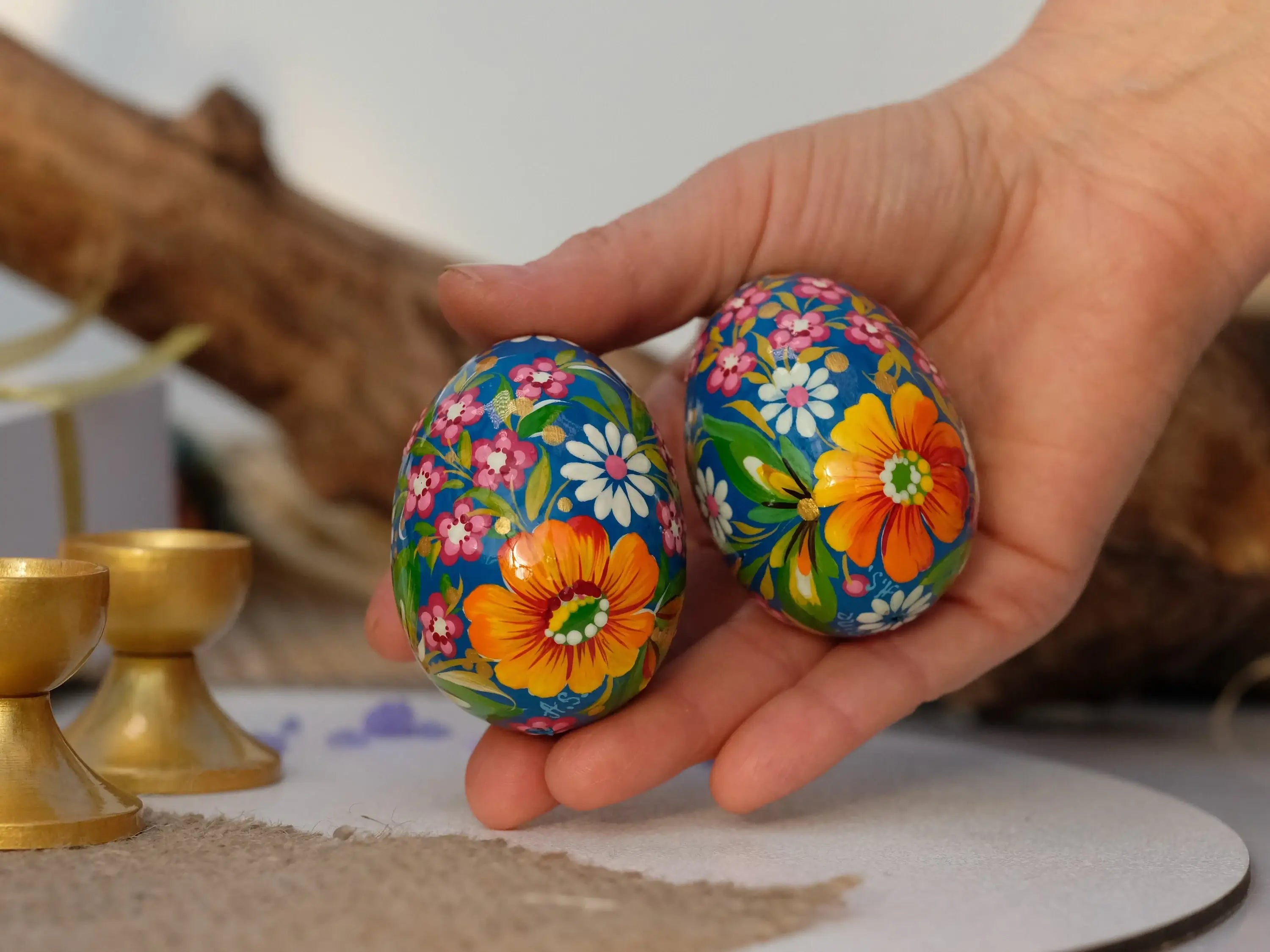 Painted Wooden Hummingbird Easter Egg with Petrykivka Art