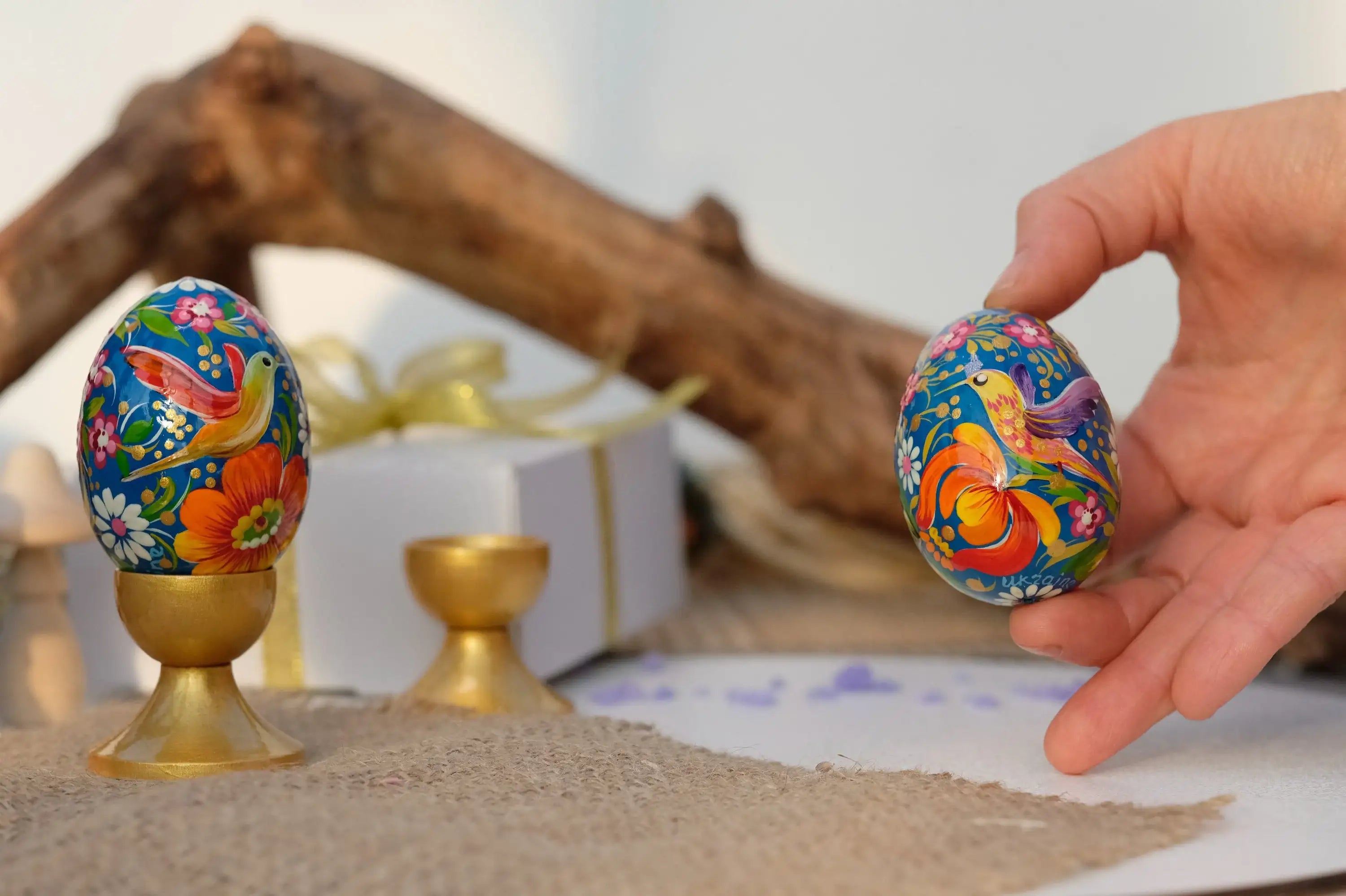 Painted Wooden Hummingbird Easter Egg with Petrykivka Art