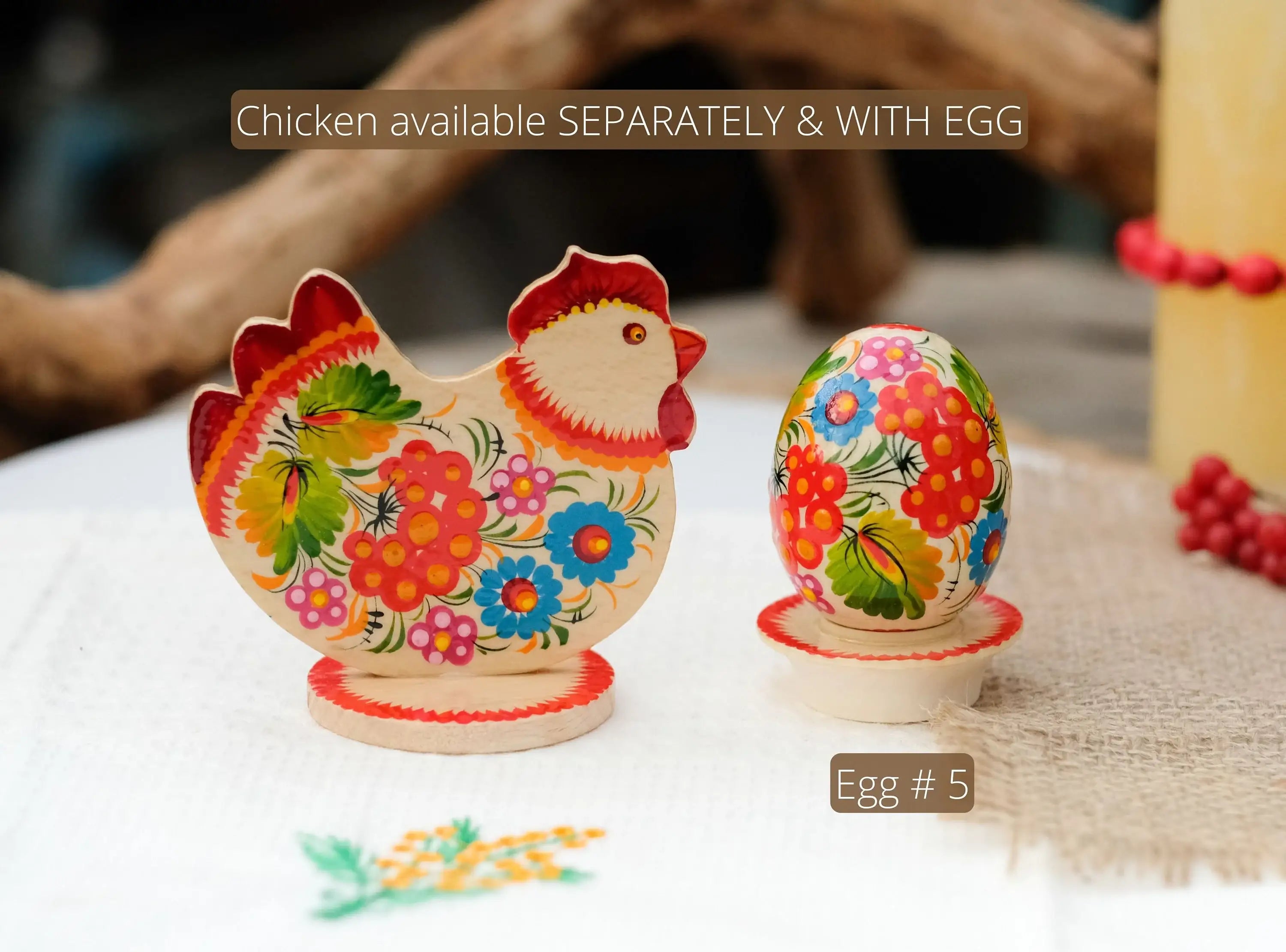 Wooden Easter Chicken Figurine on Stand with Traditional Petrykivka Art