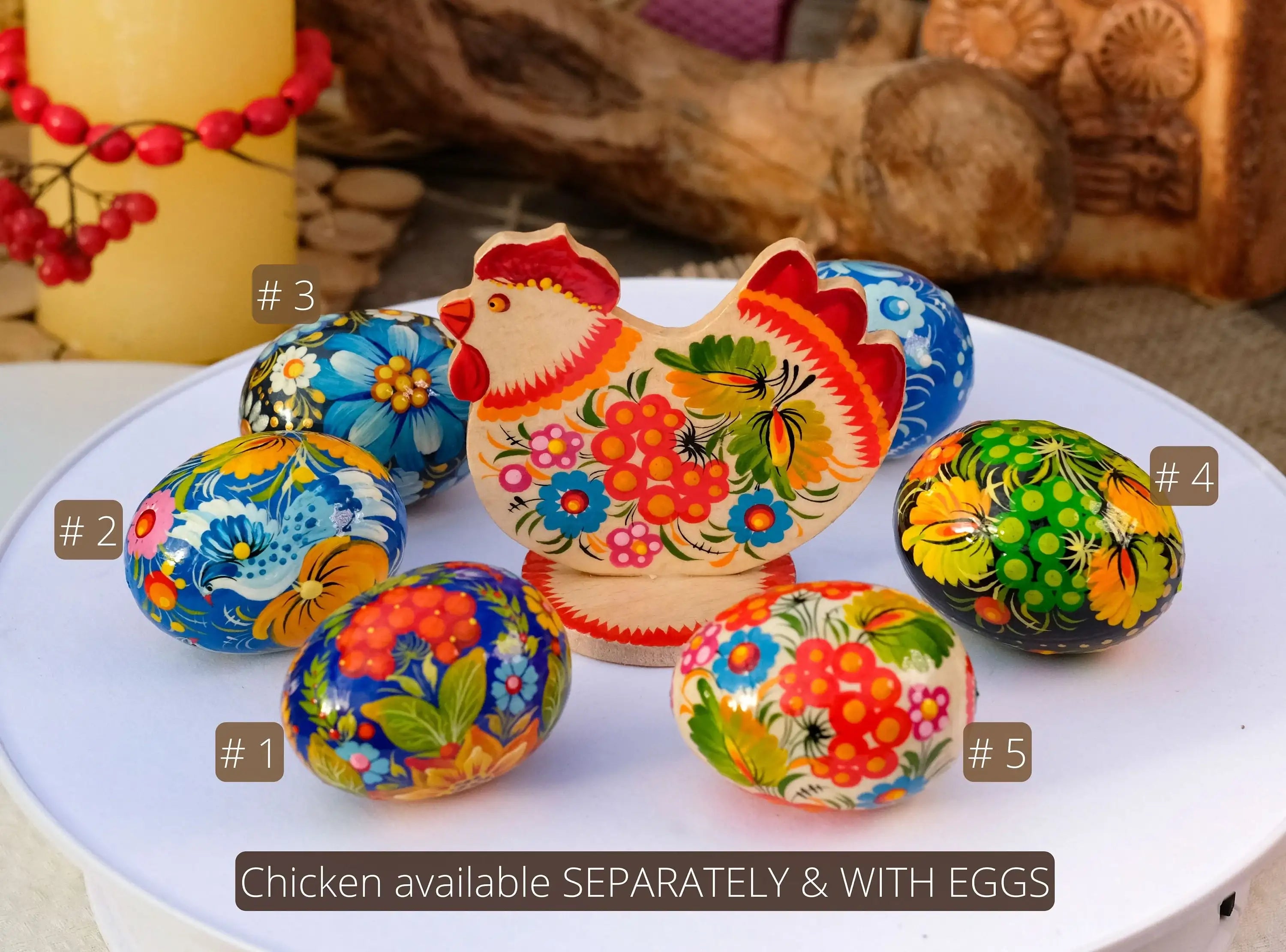 Wooden Easter Chicken Figurine on Stand with Traditional Petrykivka Art