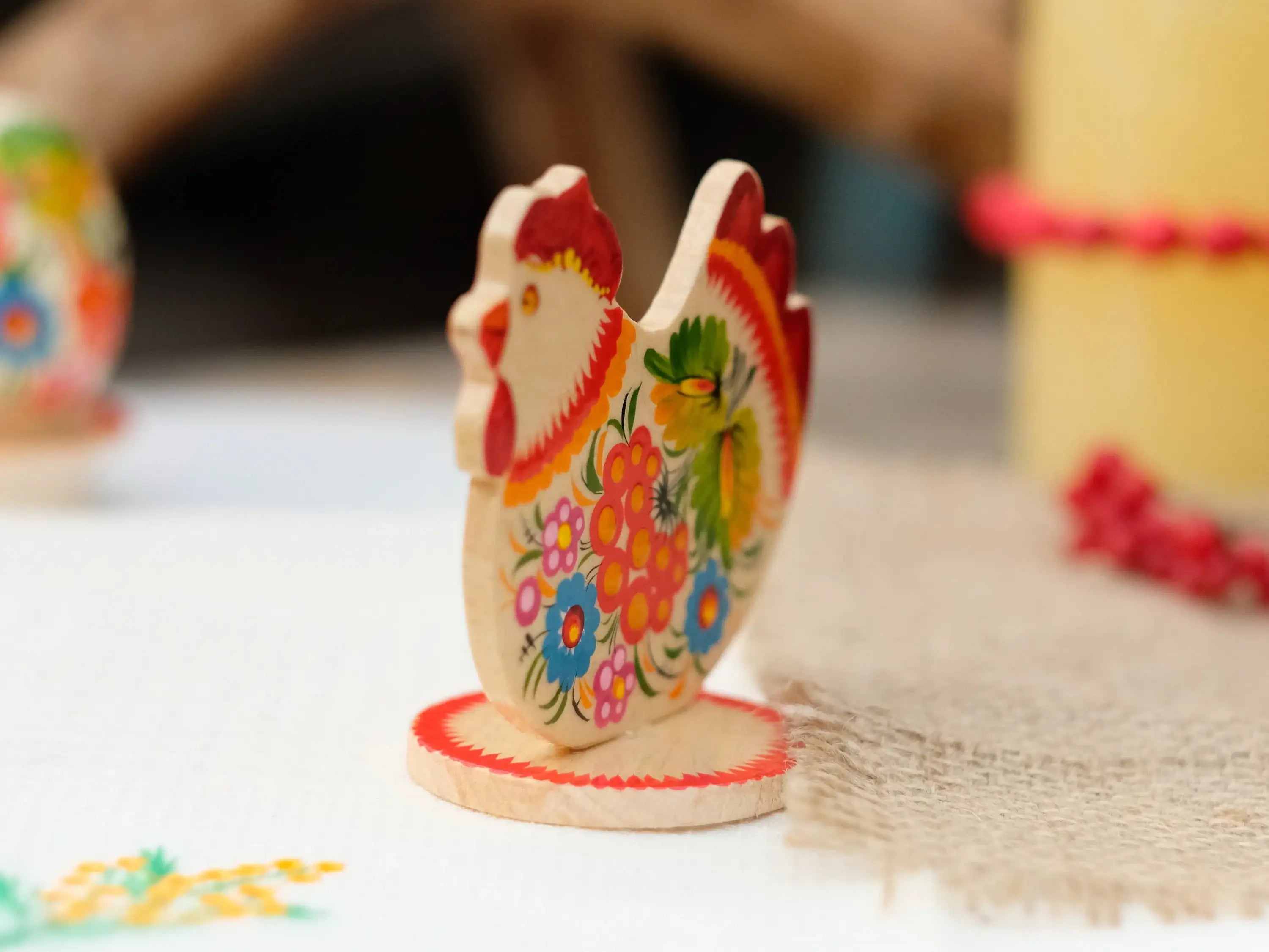 Wooden Easter Chicken Figurine on Stand with Traditional Petrykivka Art