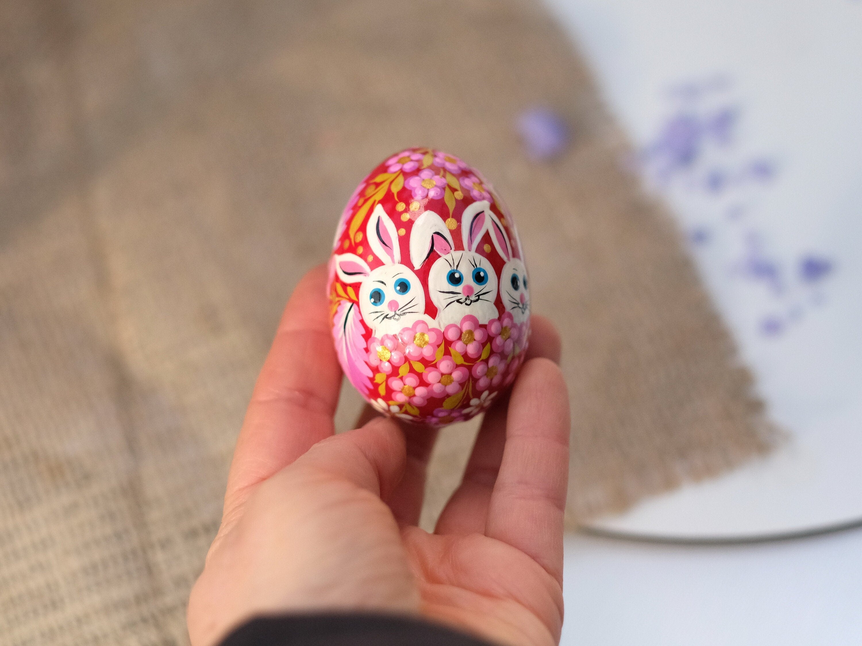 Hand-painted Wooden Easter Bunny Decorative Egg Ornament