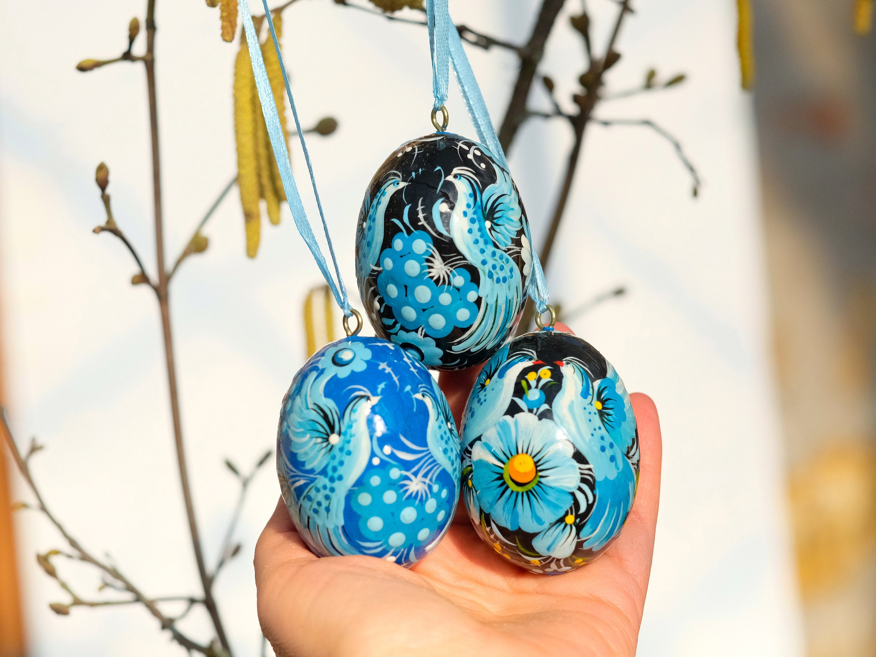 Set of 3 Ukrainian Easter Eggs with Ribbons - Hand-painted & Carved from Wood