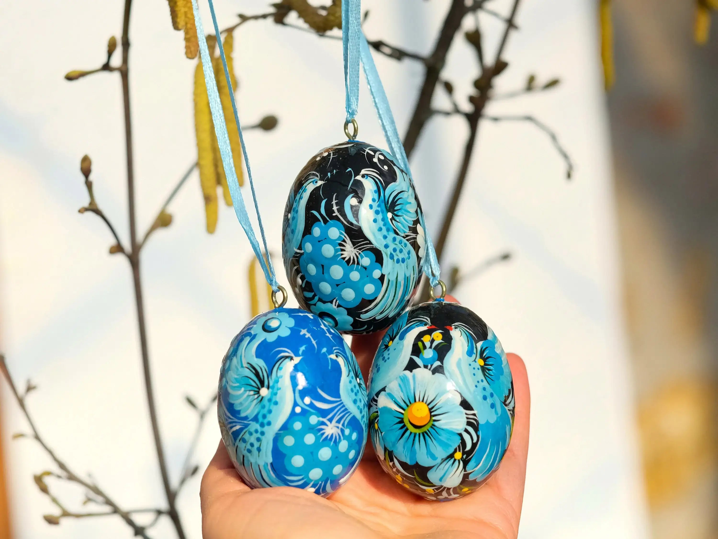 Set of 3 Ukrainian Easter Eggs with Ribbons - Hand-painted & Carved from Wood