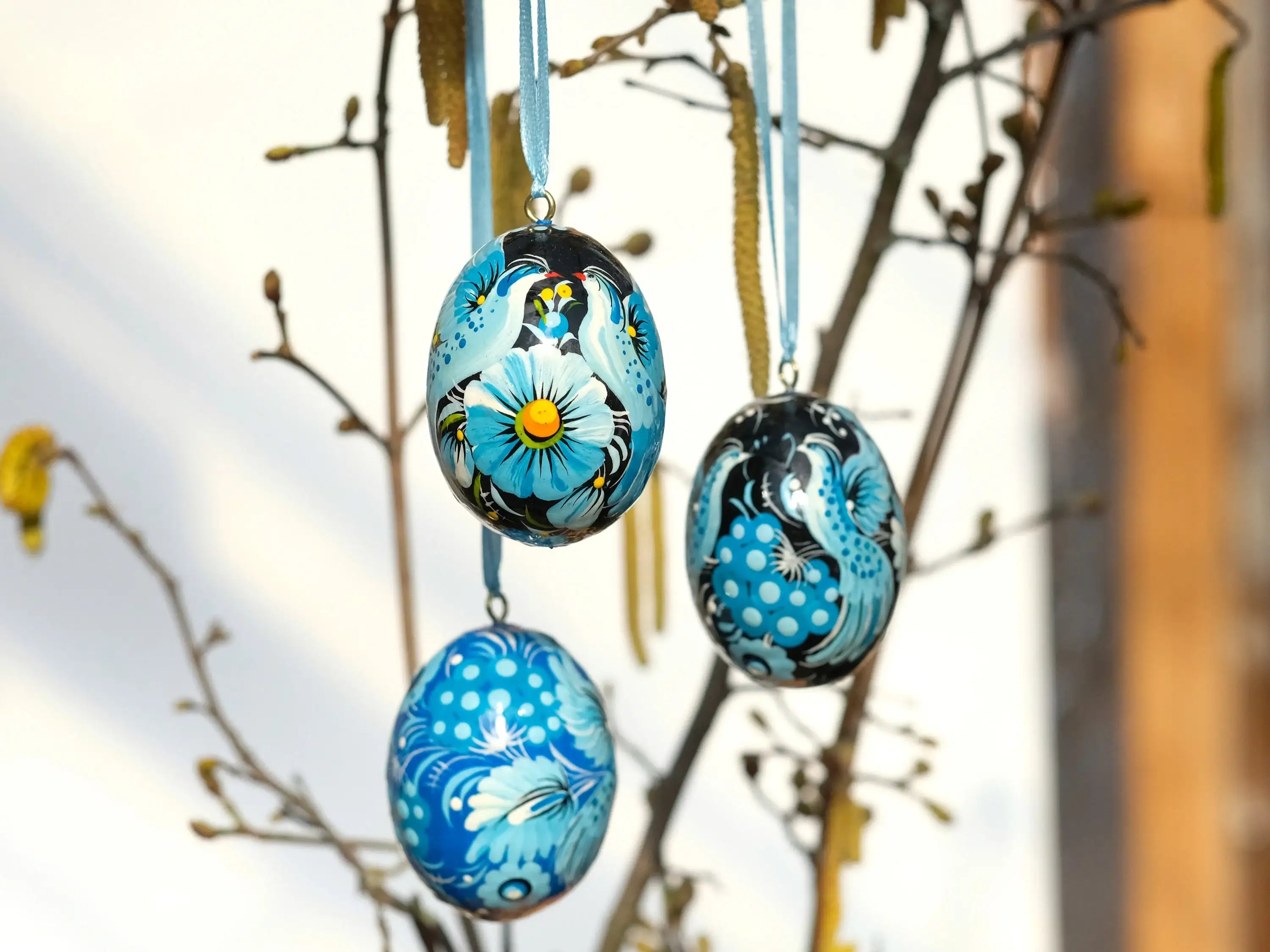 Set of 3 Ukrainian Easter Eggs with Ribbons - Hand-painted & Carved from Wood