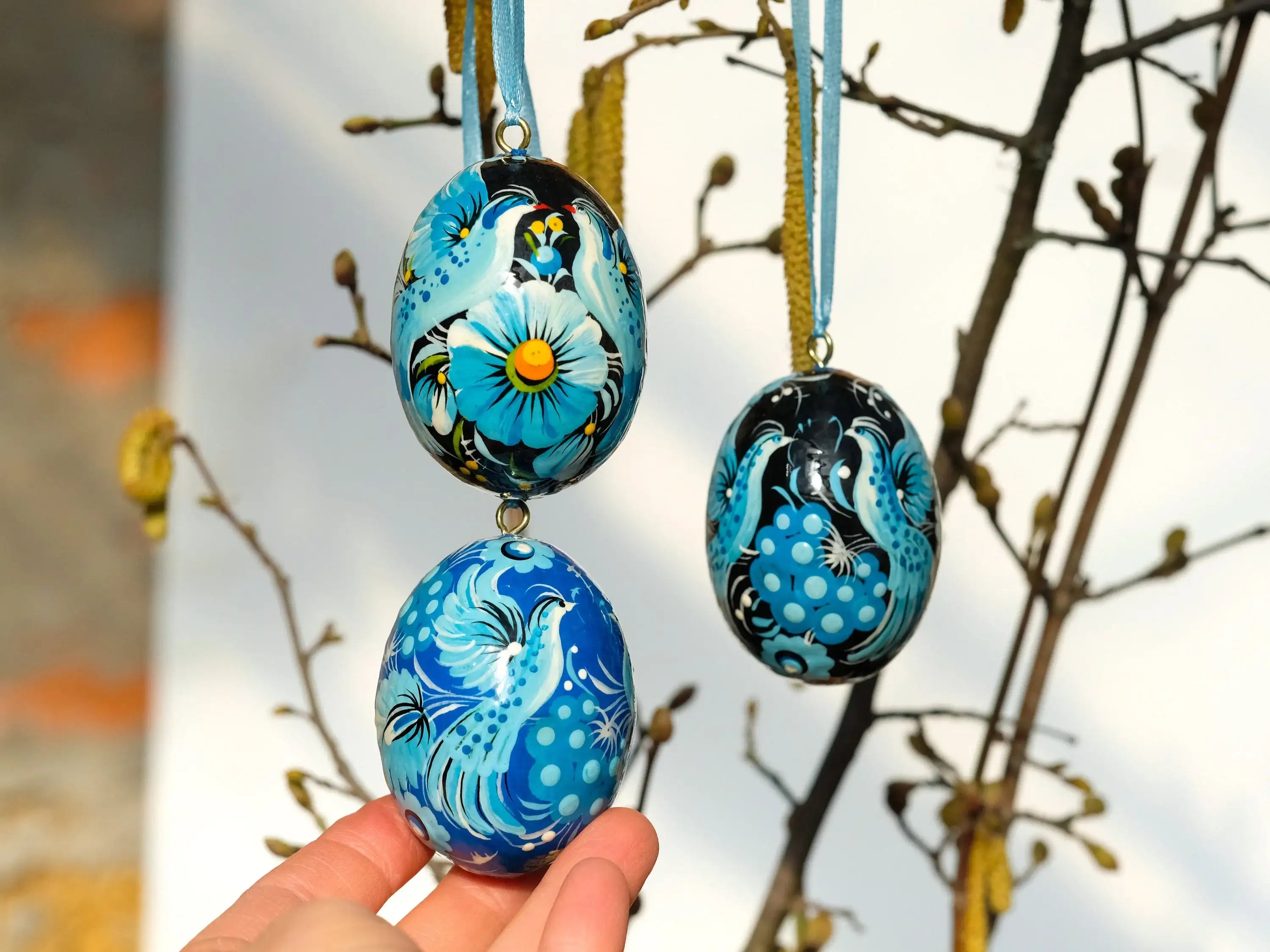 Set of 3 Ukrainian Easter Eggs with Ribbons - Hand-painted & Carved from Wood