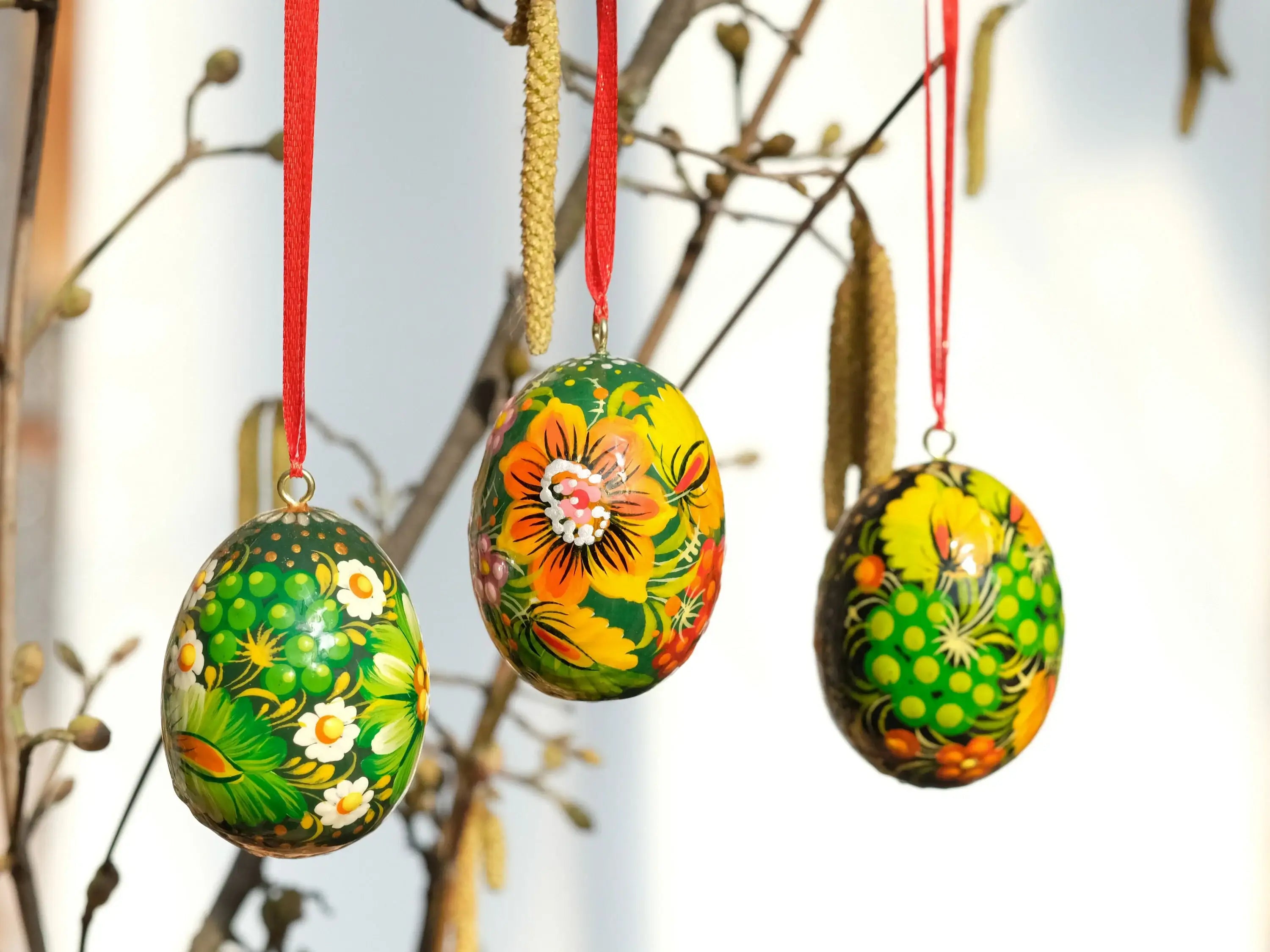 Ukrainian Easter Eggs Set 3pcs with Ribbons - Hand-painted & Carved from Wood
