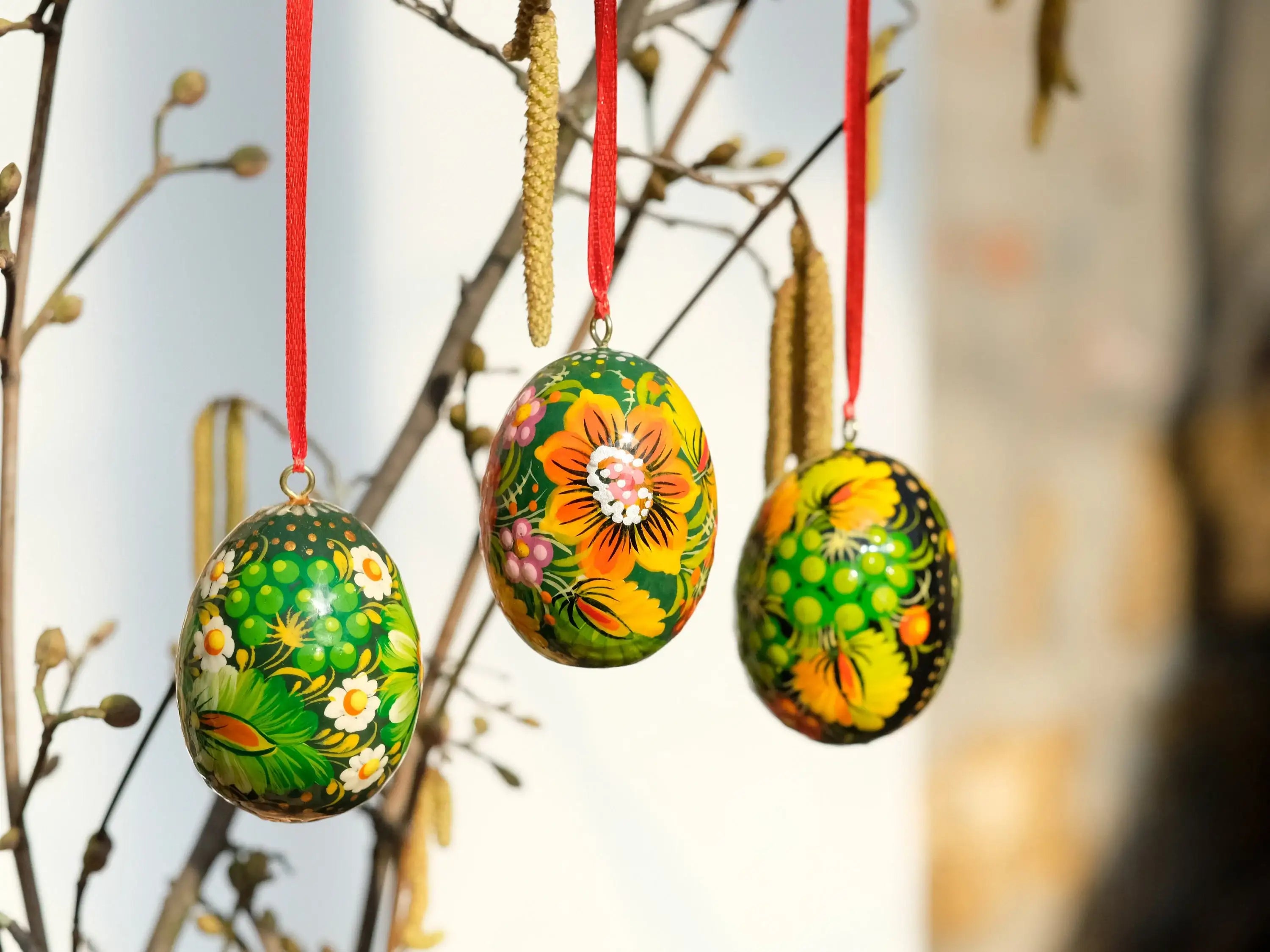 Ukrainian Easter Eggs Set 3pcs with Ribbons - Hand-painted & Carved from Wood