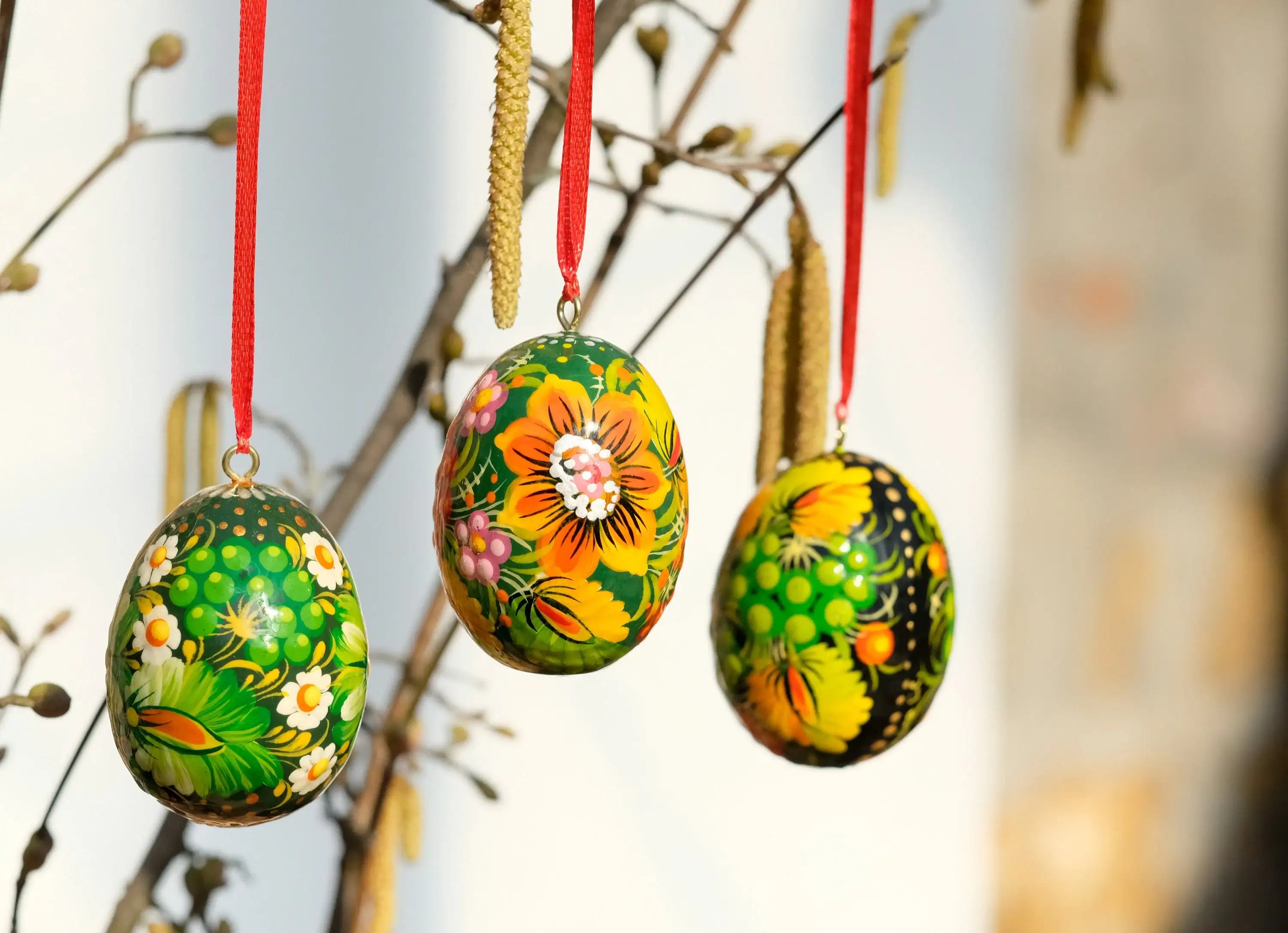 Ukrainian Easter Eggs Set 3pcs with Ribbons - Hand-painted & Carved from Wood