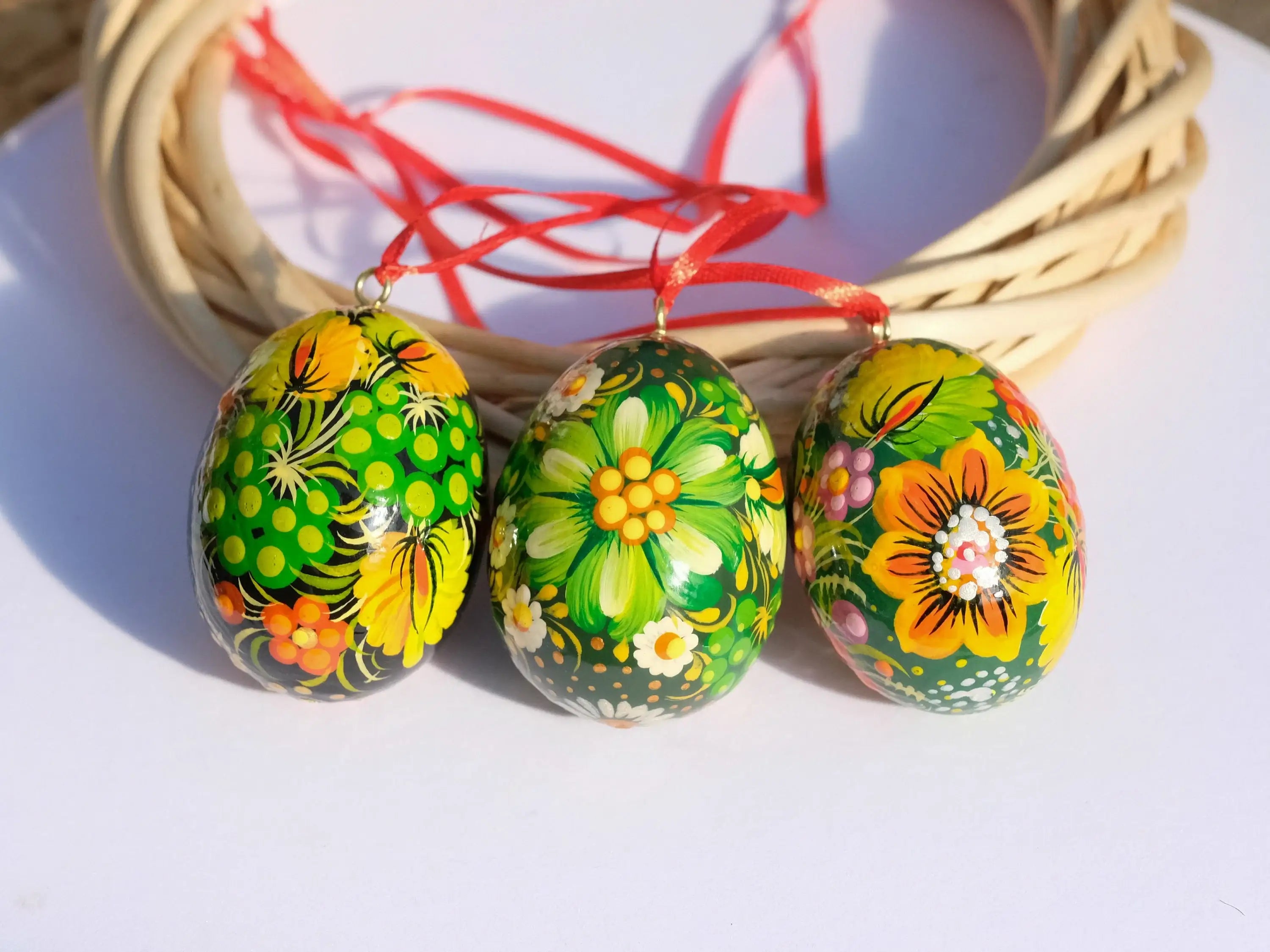 Ukrainian Easter Eggs Set 3pcs with Ribbons - Hand-painted & Carved from Wood