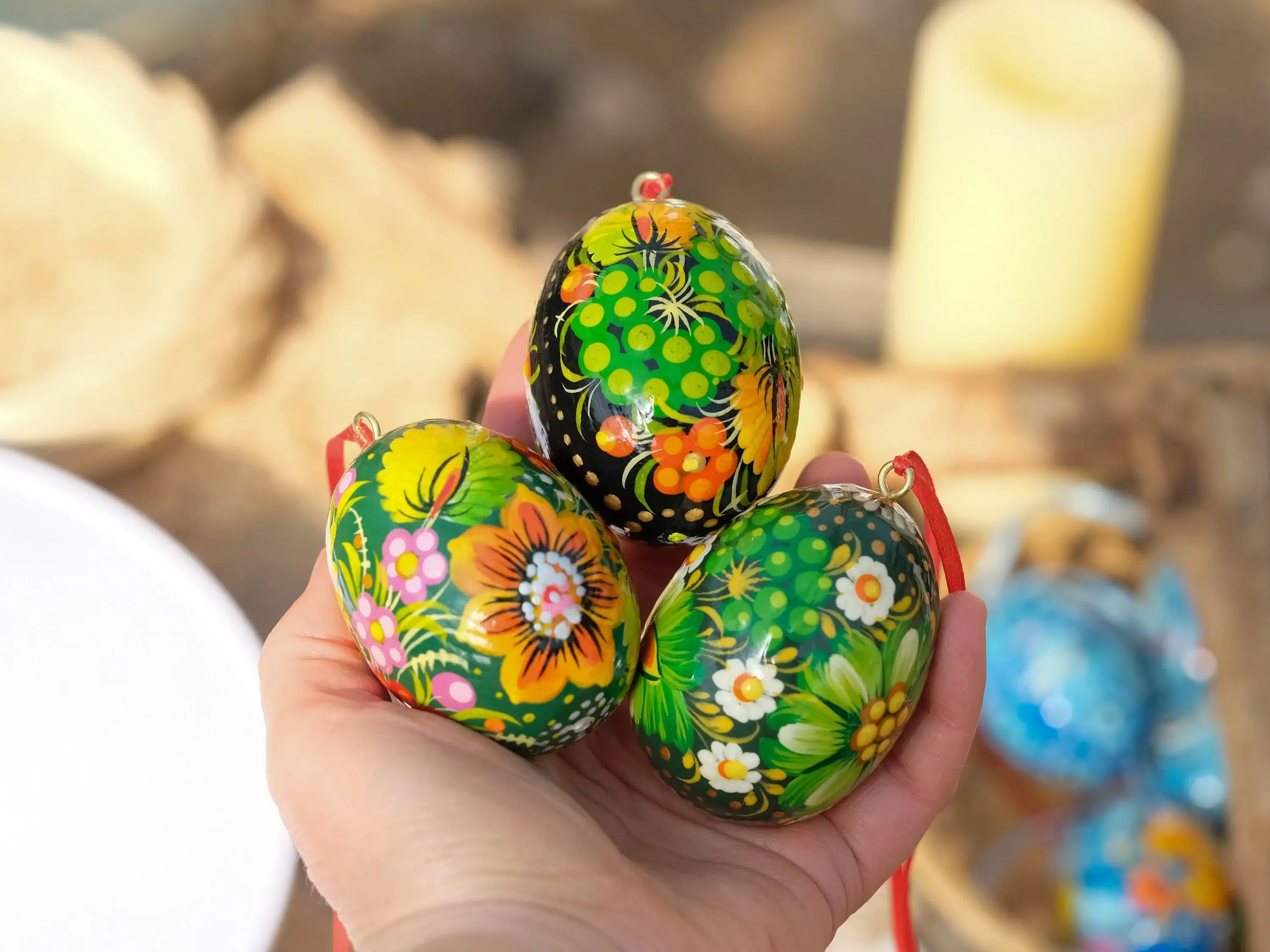 Ukrainian Easter Eggs Set 3pcs with Ribbons - Hand-painted & Carved from Wood