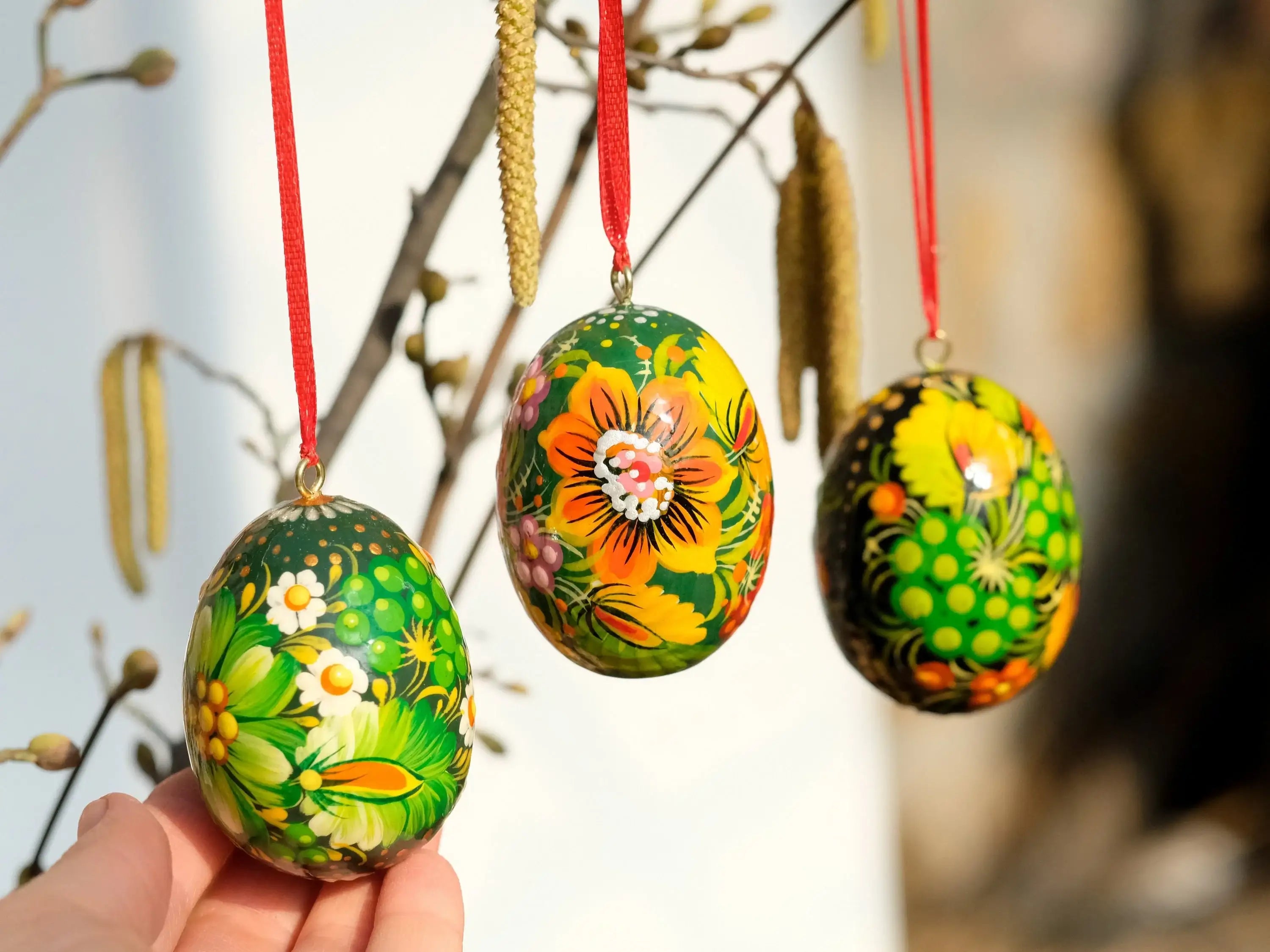 Ukrainian Easter Eggs Set 3pcs with Ribbons - Hand-painted & Carved from Wood