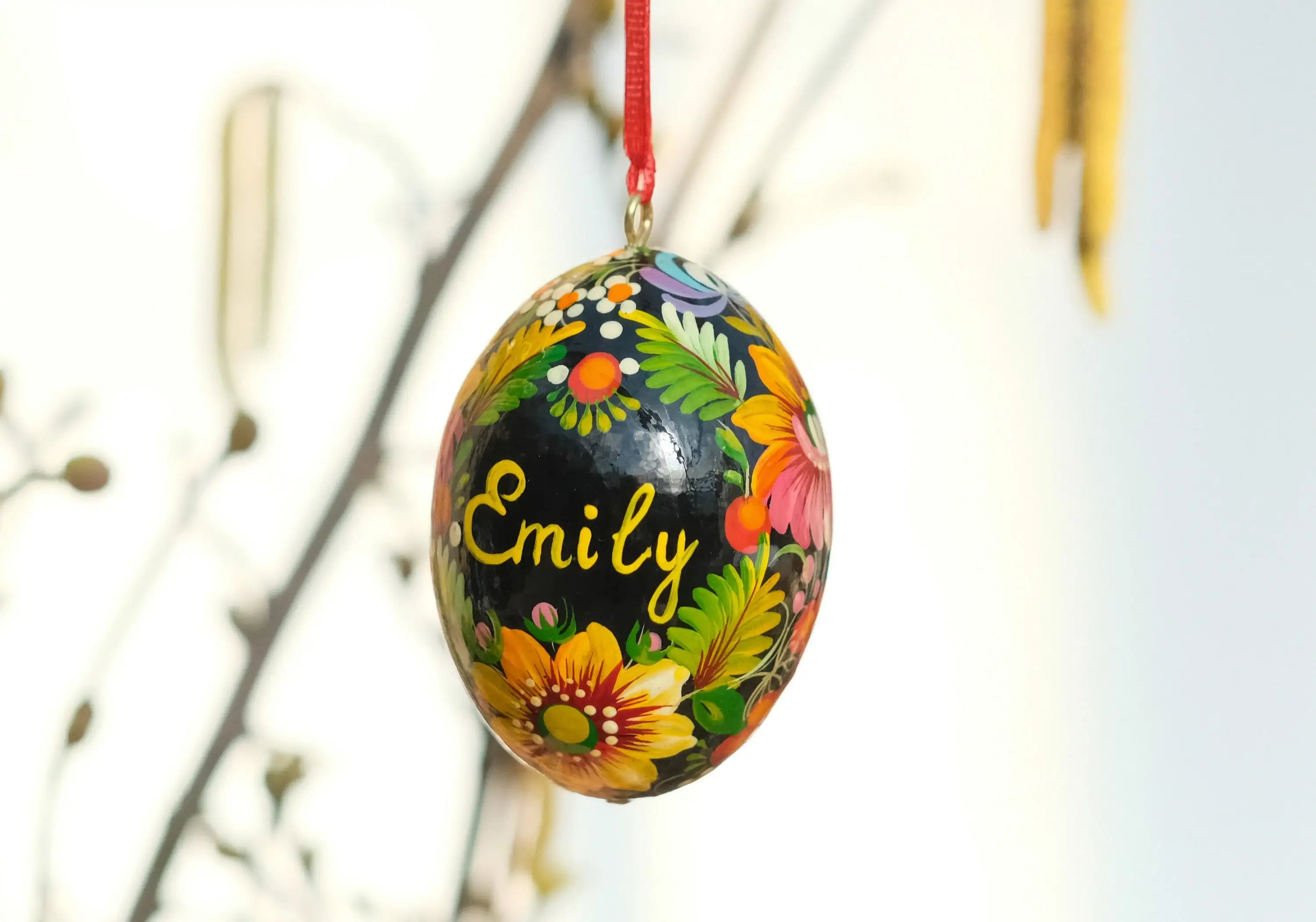 Personalized Hand-painted Wooden Easter Egg with Ribbon - Ukrainian Pysanky