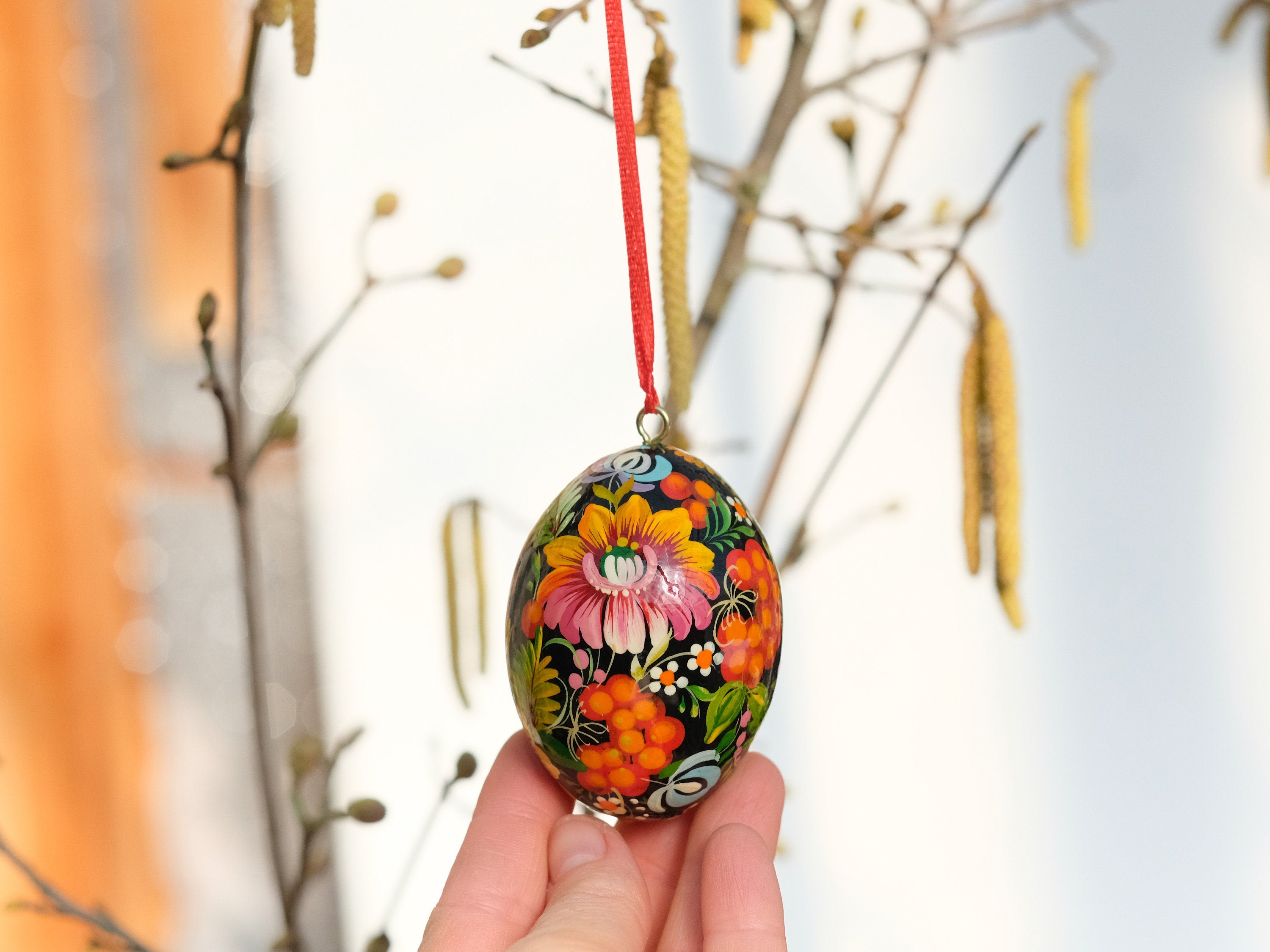 Personalized Hand-painted Wooden Easter Egg with Ribbon - Ukrainian Pysanky