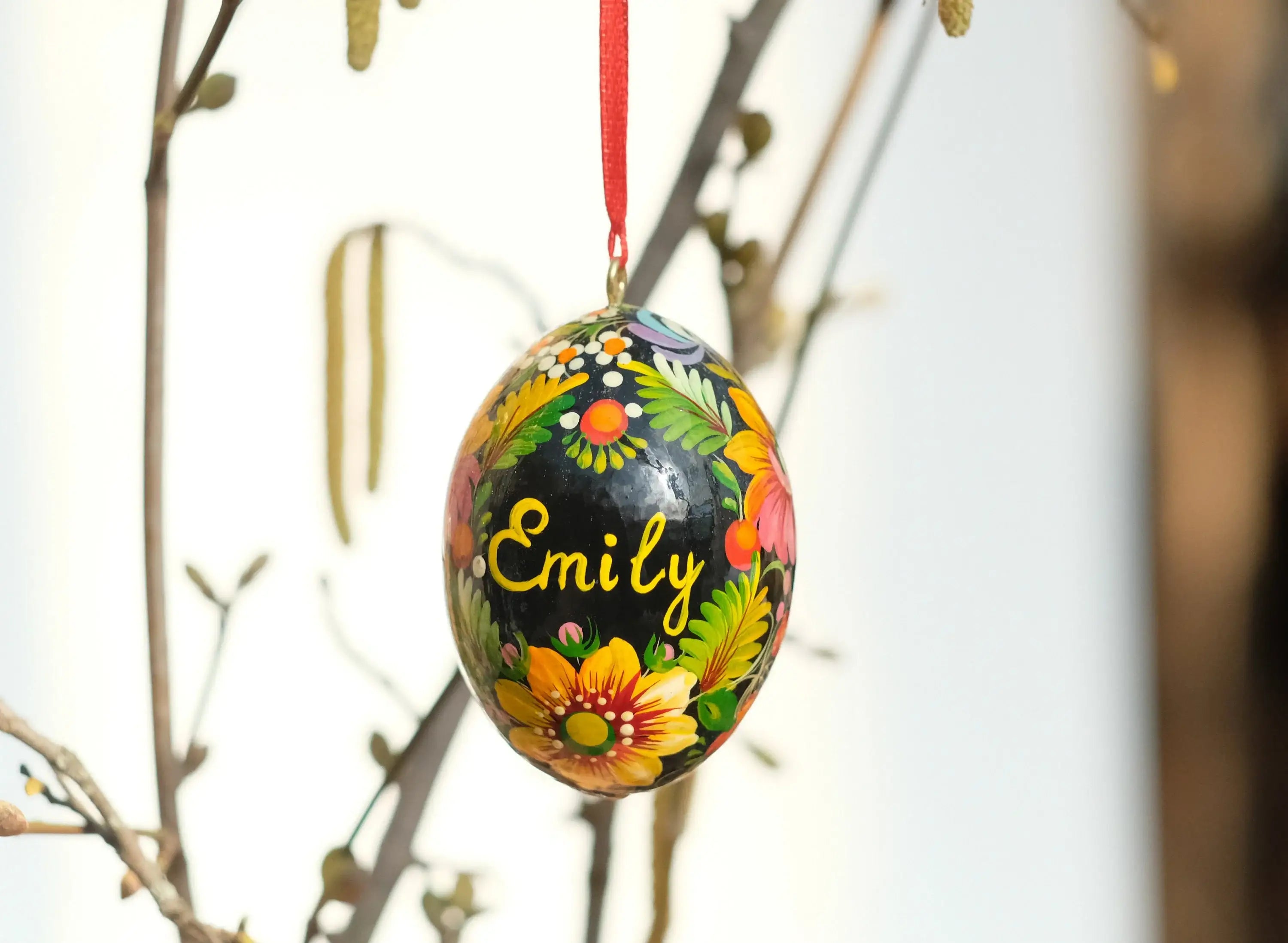 Personalized Hand-painted Wooden Easter Egg with Ribbon - Ukrainian Pysanky