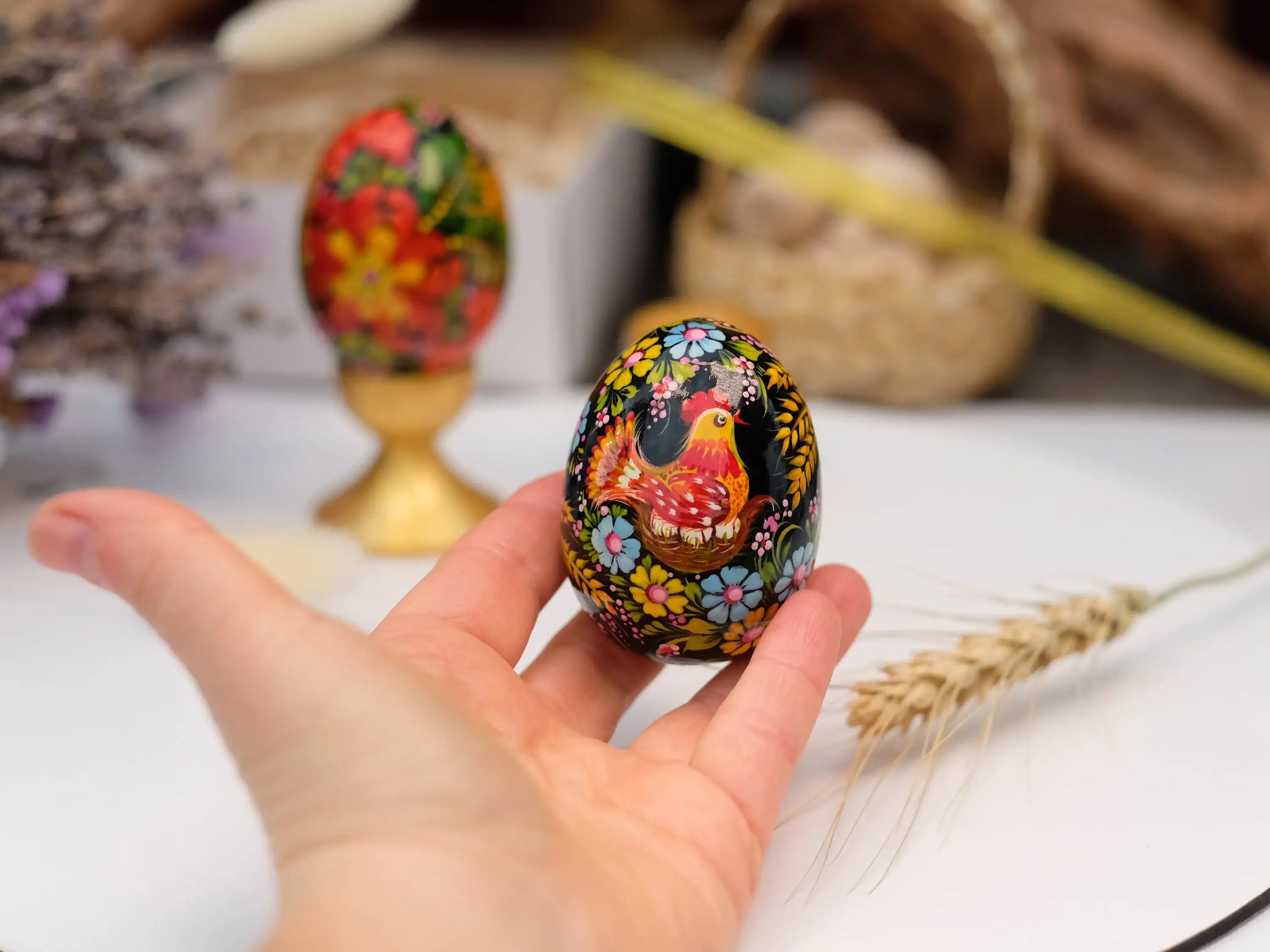 Chicken on Nest Easter Egg- Painted Wooden Ukrainian Pysanky Egg