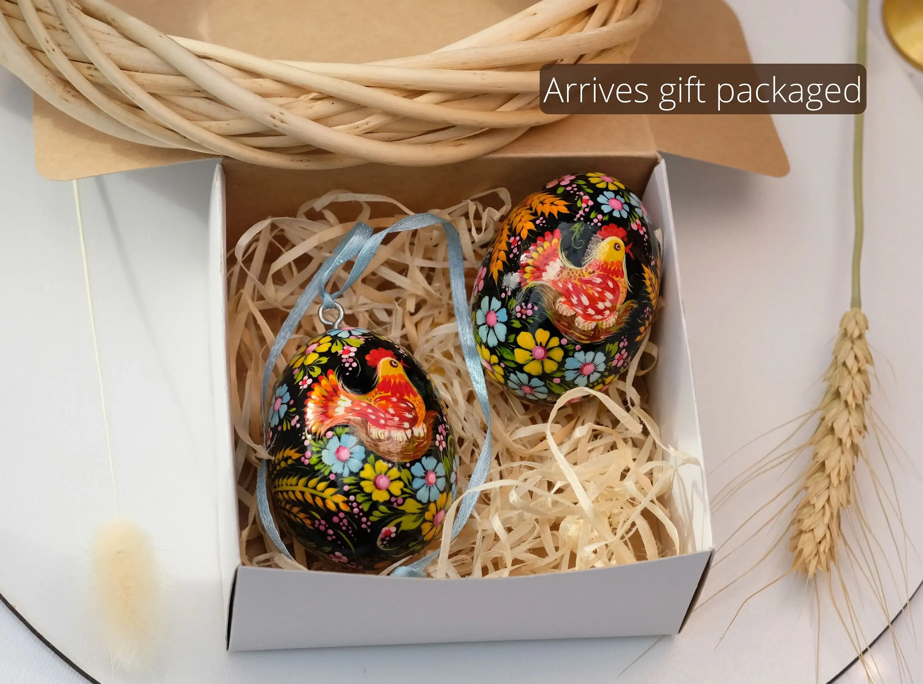 Painted Wooden Chicken on Nest Easter Egg Ornament with Ribbon
