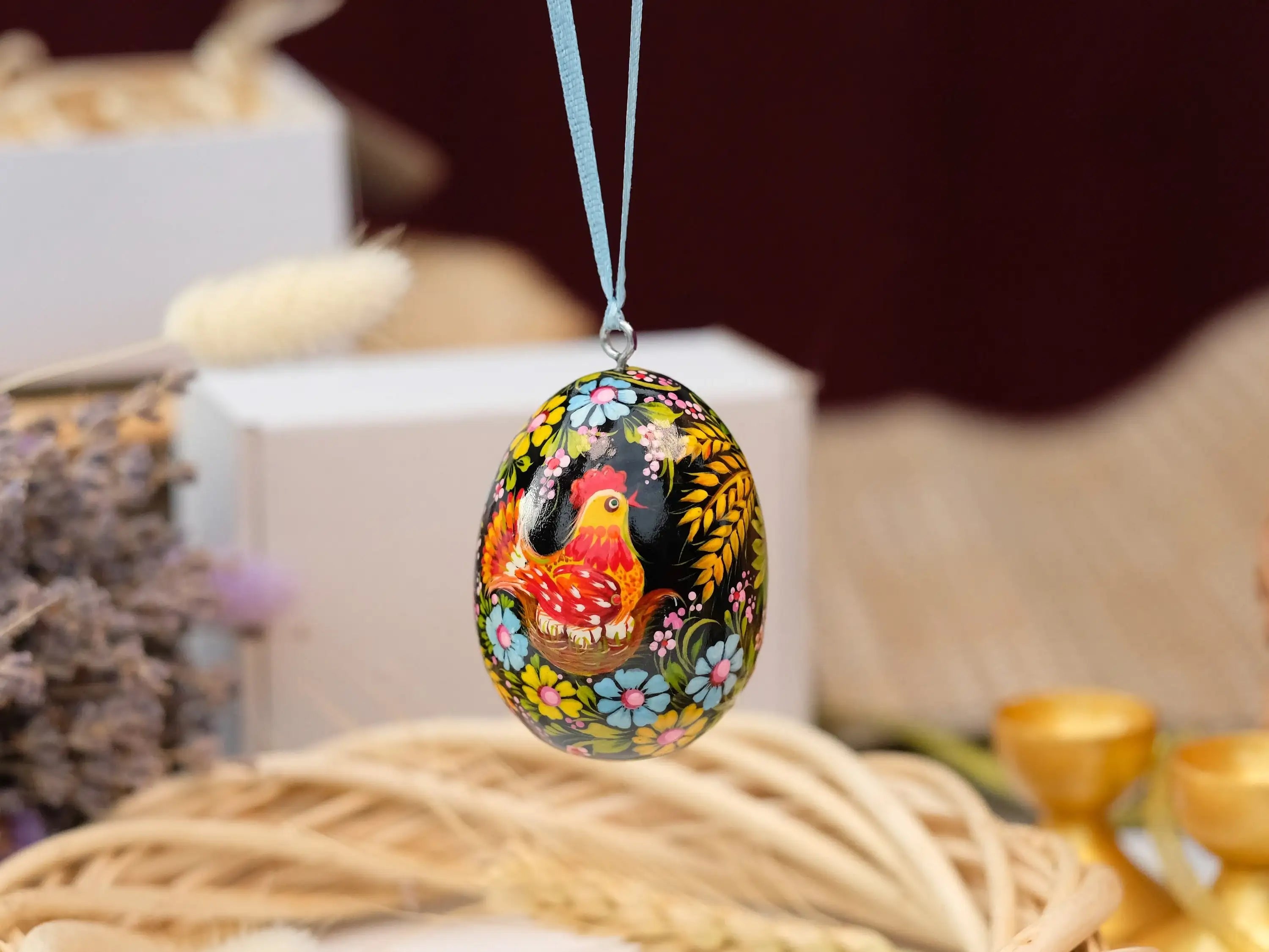 Painted Wooden Chicken on Nest Easter Egg Ornament with Ribbon