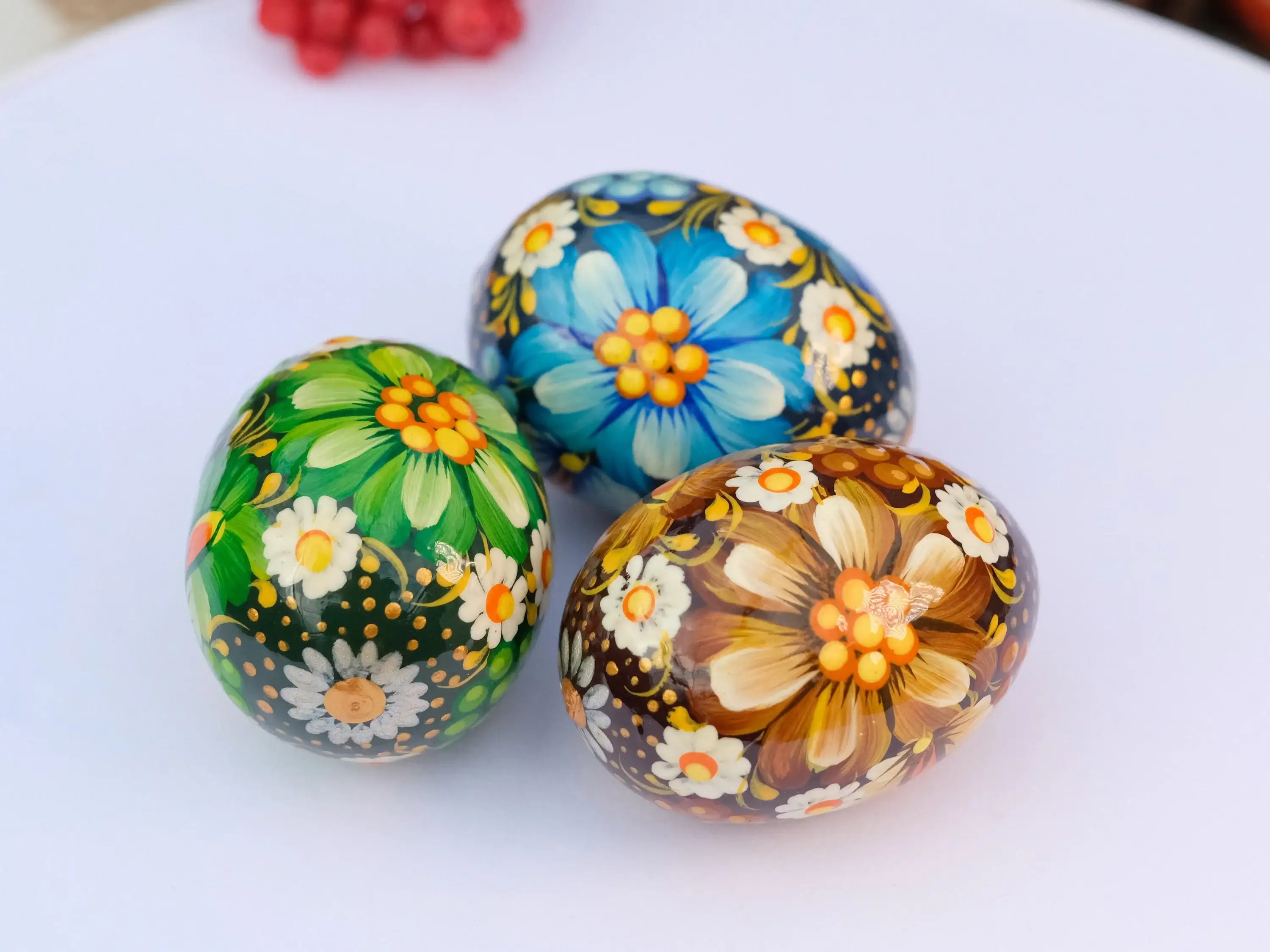 Ukrainian Easter Eggs Set 3 pcs - Hand-painted & Carved from Wood