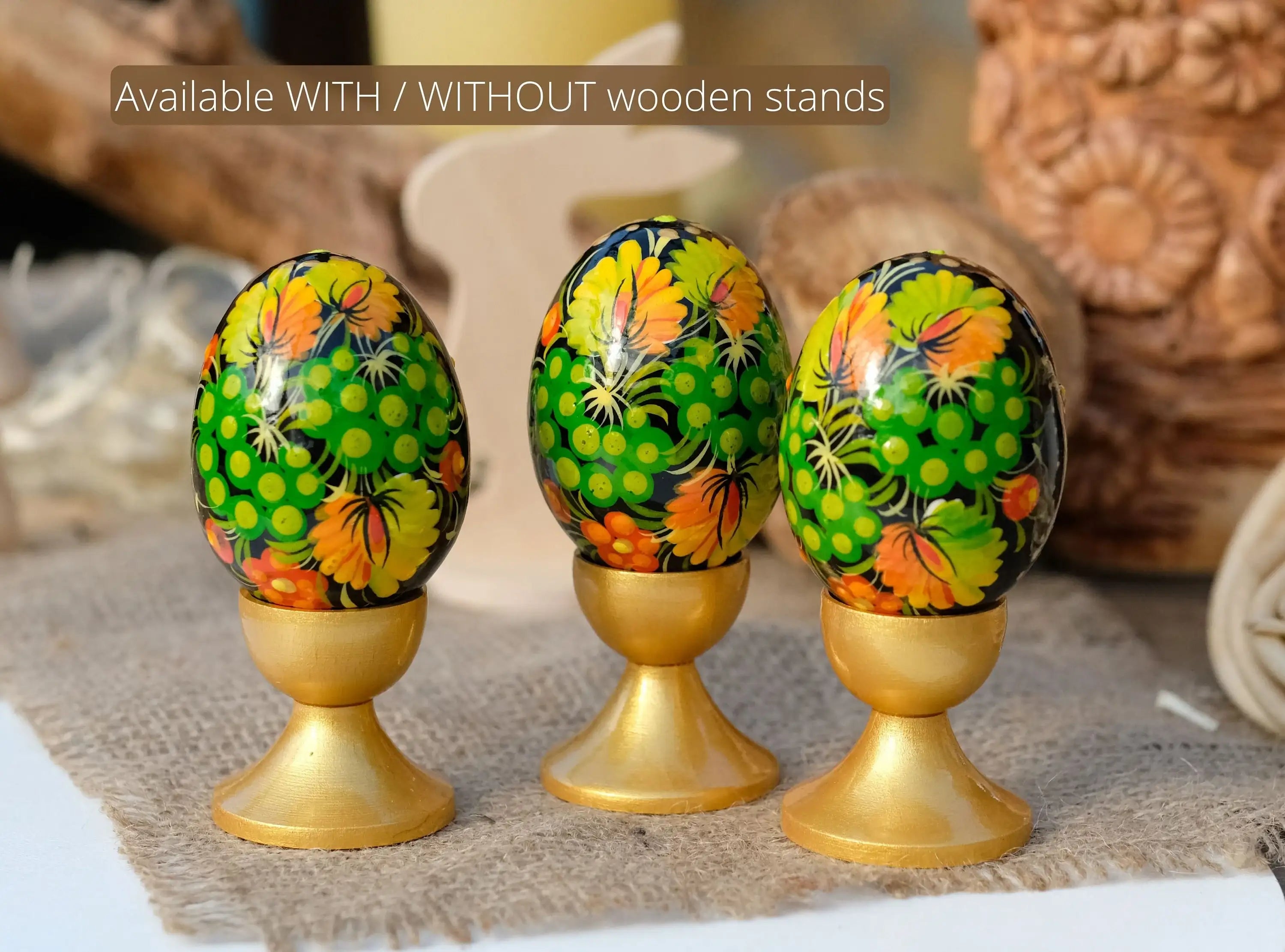 Ukrainian Wooden Easter Eggs Painted with Traditional Petrykivka Art