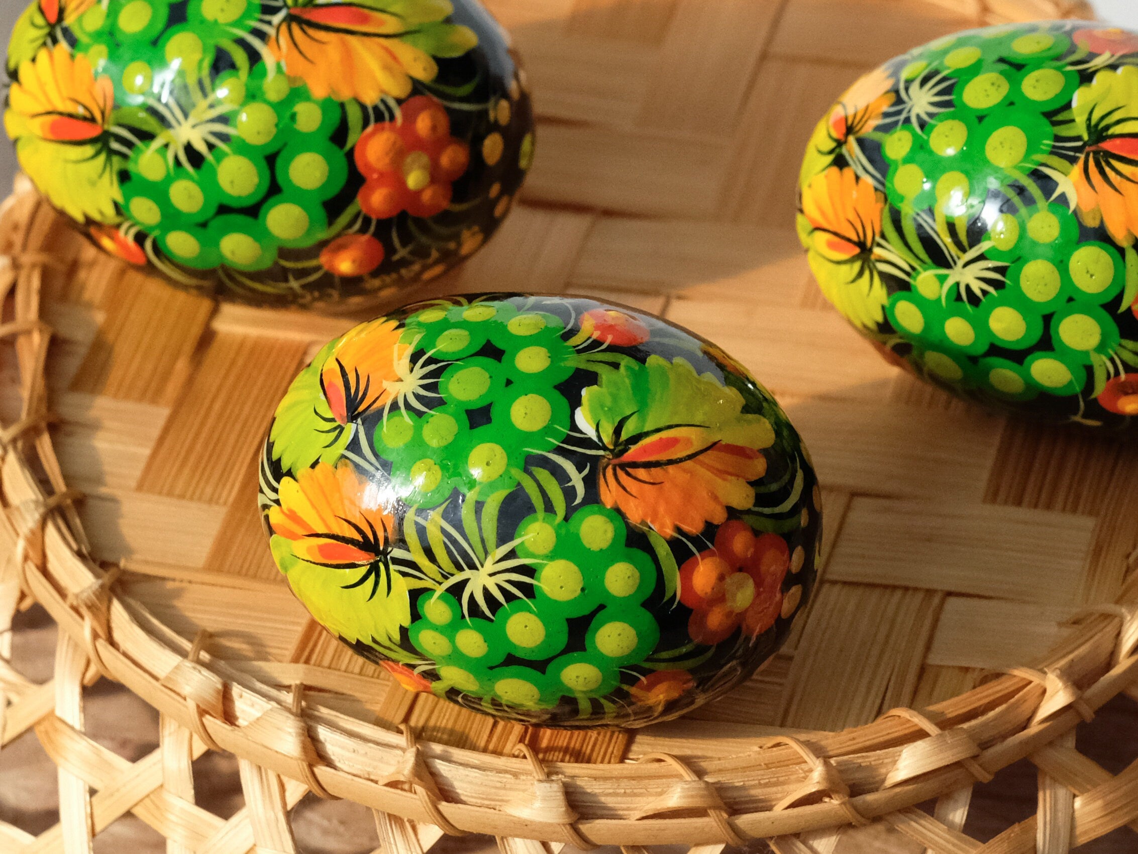 Ukrainian Wooden Easter Eggs Painted with Traditional Petrykivka Art