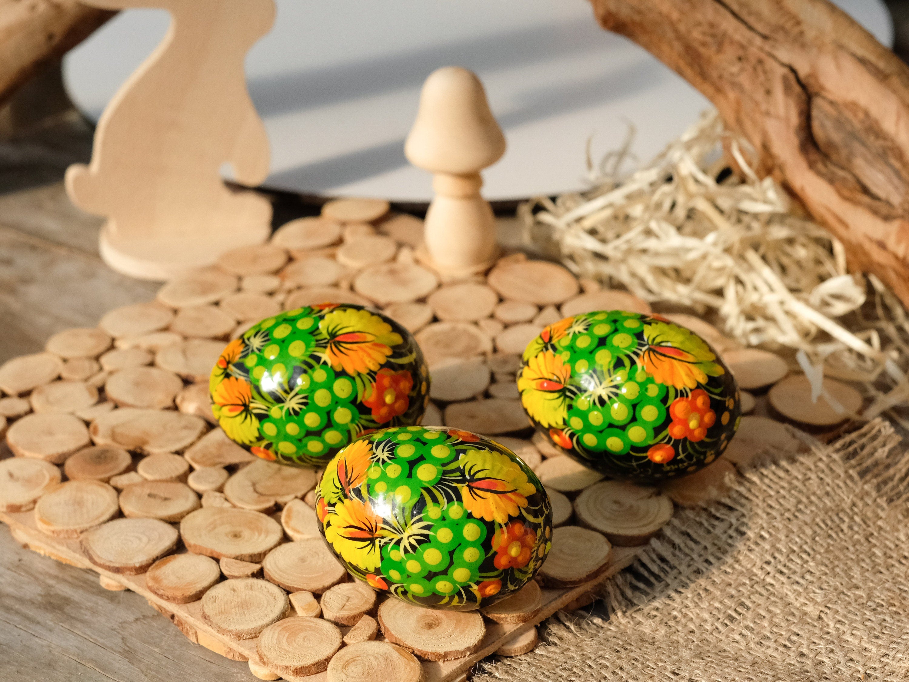Ukrainian Wooden Easter Eggs Painted with Traditional Petrykivka Art