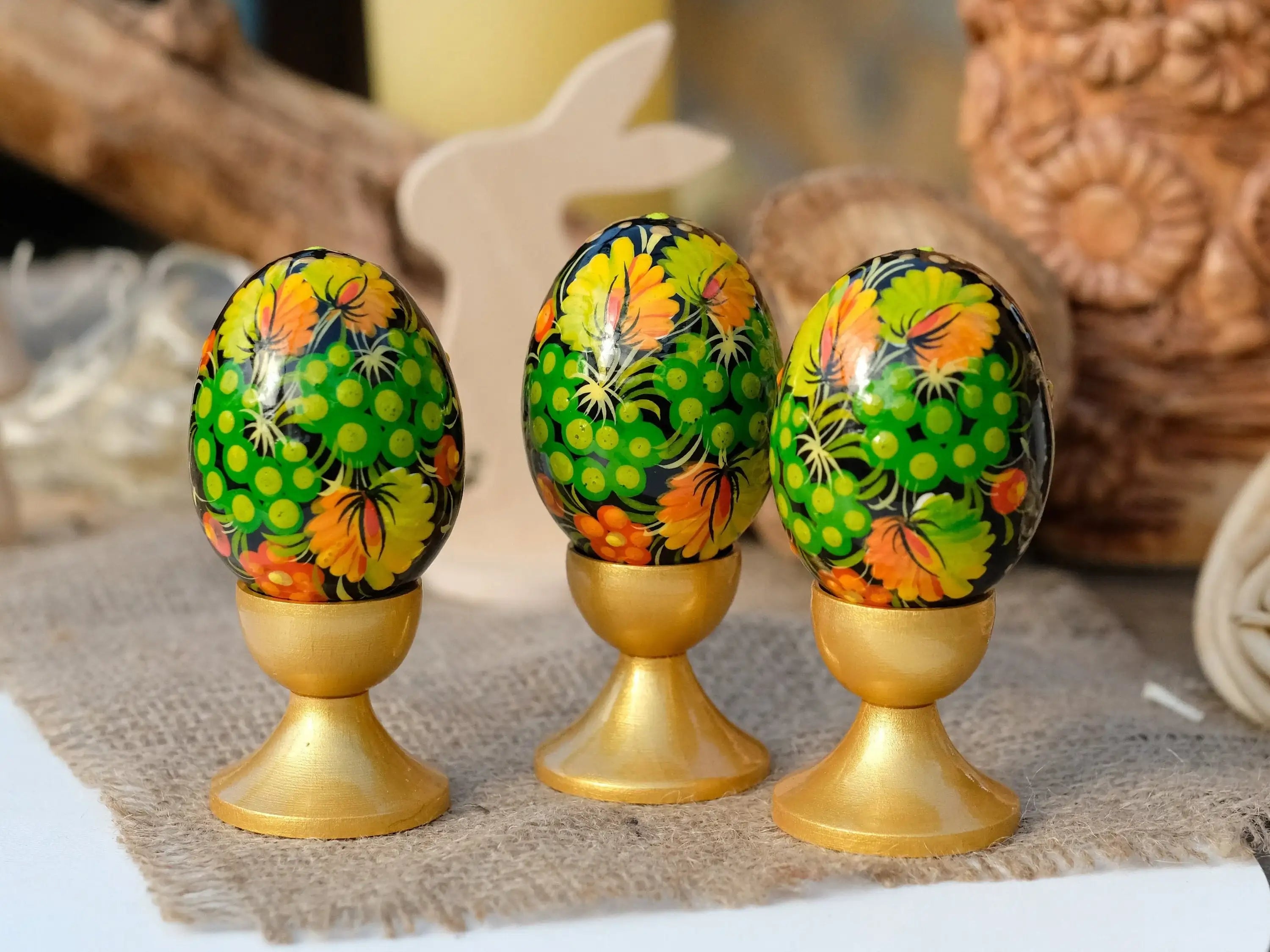 Ukrainian Wooden Easter Eggs Painted with Traditional Petrykivka Art