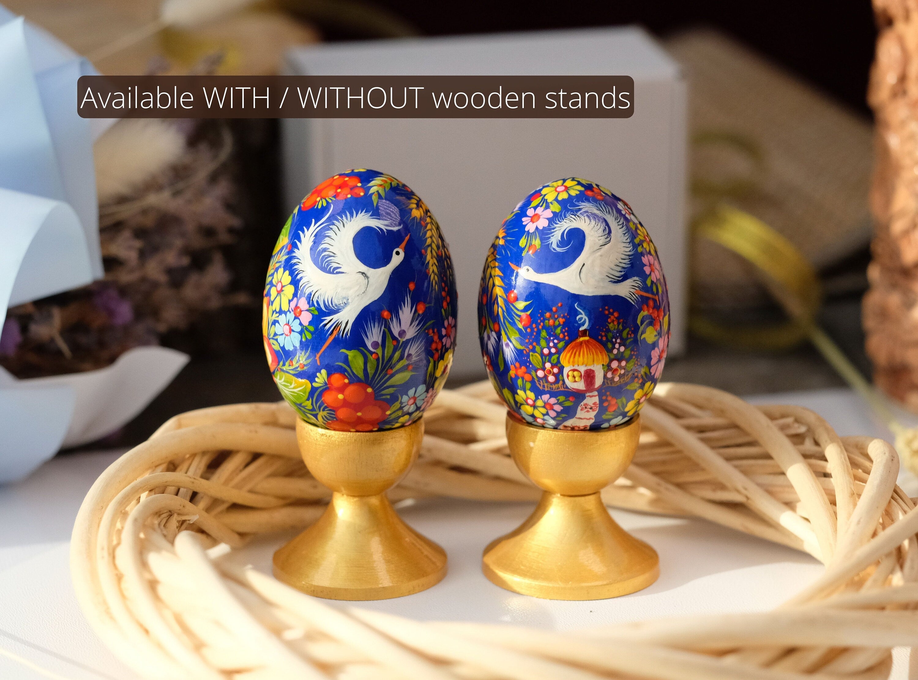 Ukrainian Wooden Easter Egg with Painted Cranes and Rustic House