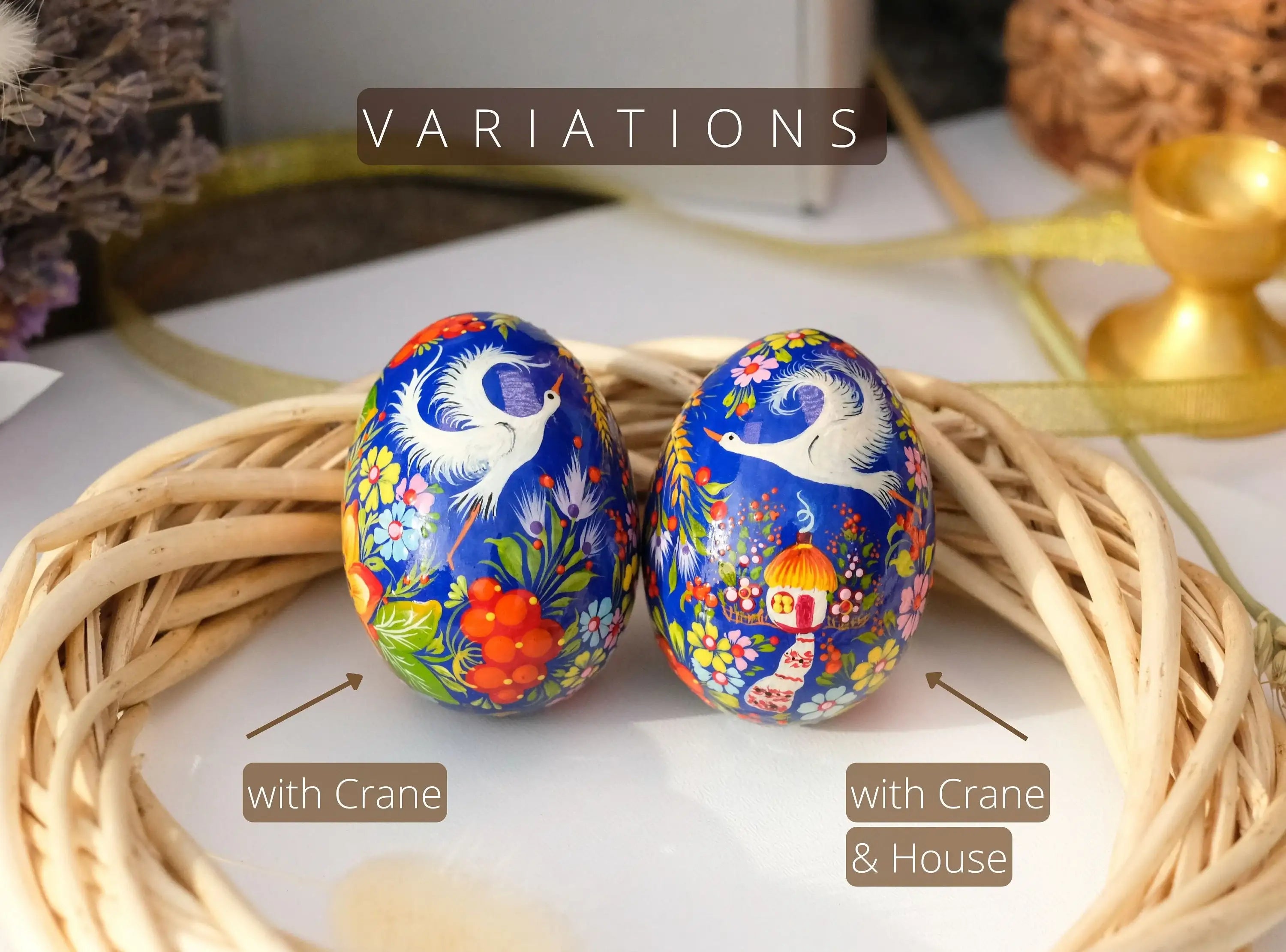 Ukrainian Wooden Easter Egg with Painted Cranes and Rustic House