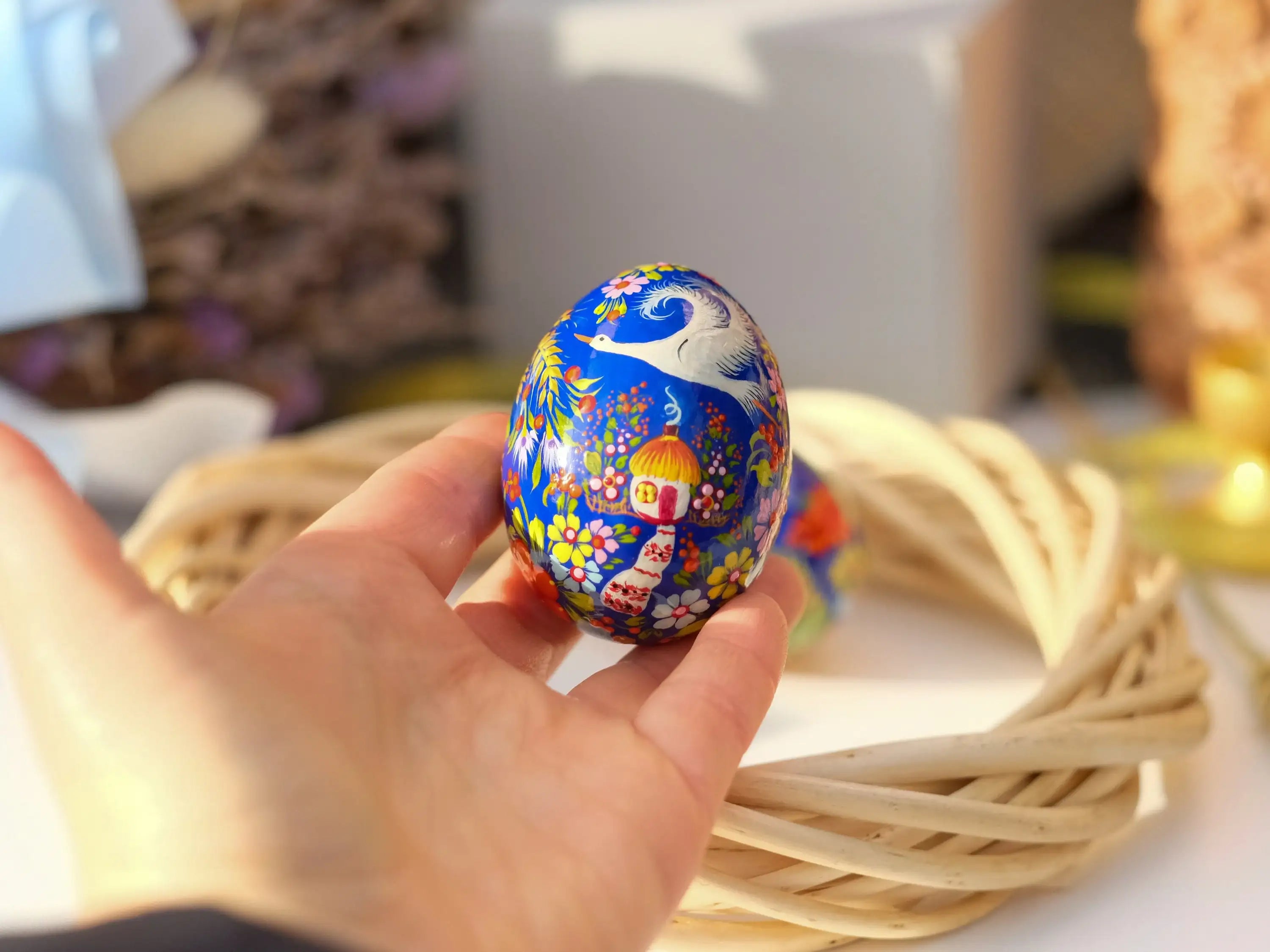 Ukrainian Wooden Easter Egg with Painted Cranes and Rustic House