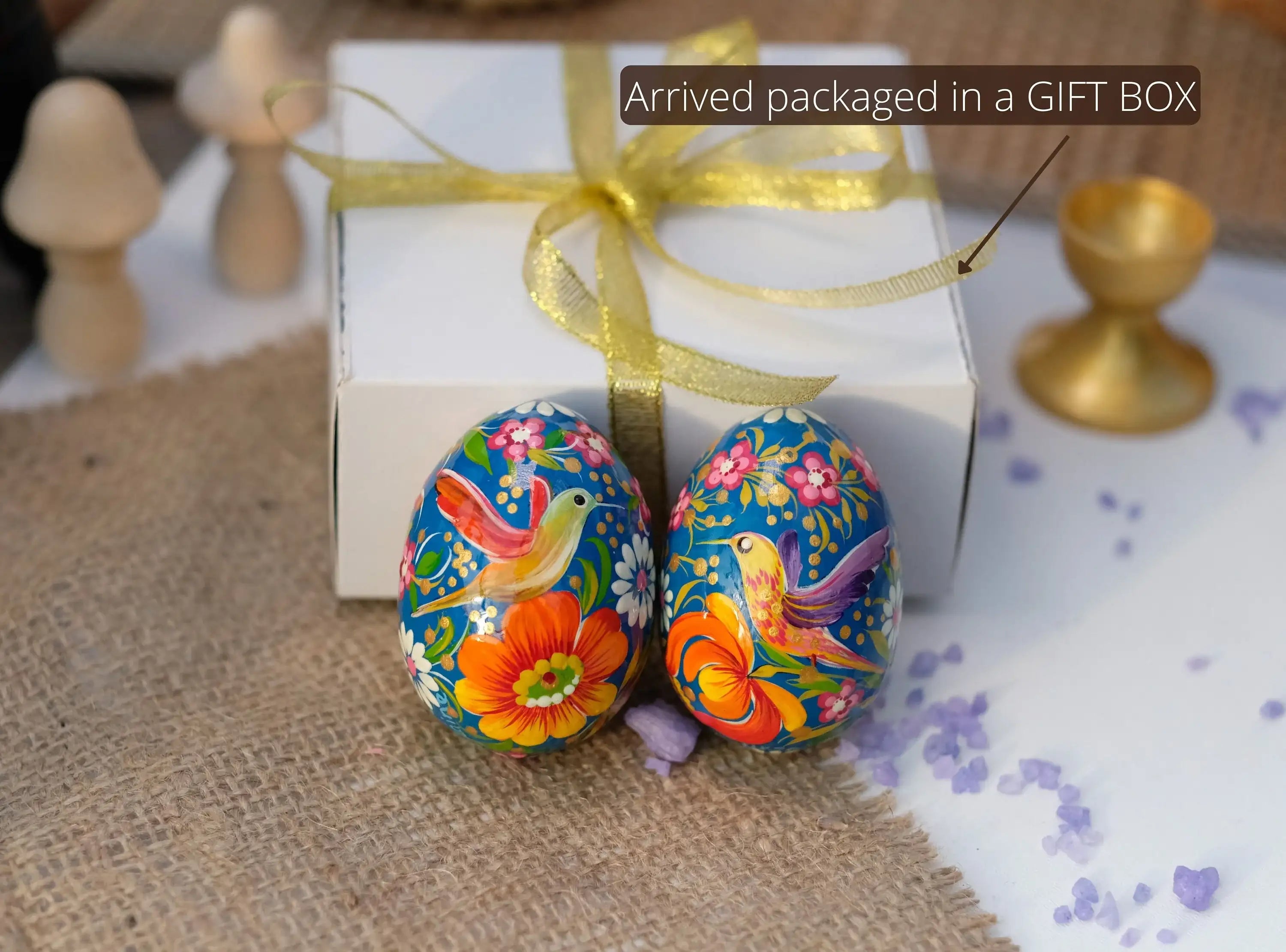 Painted Wooden Hummingbird Easter Egg with Petrykivka Art