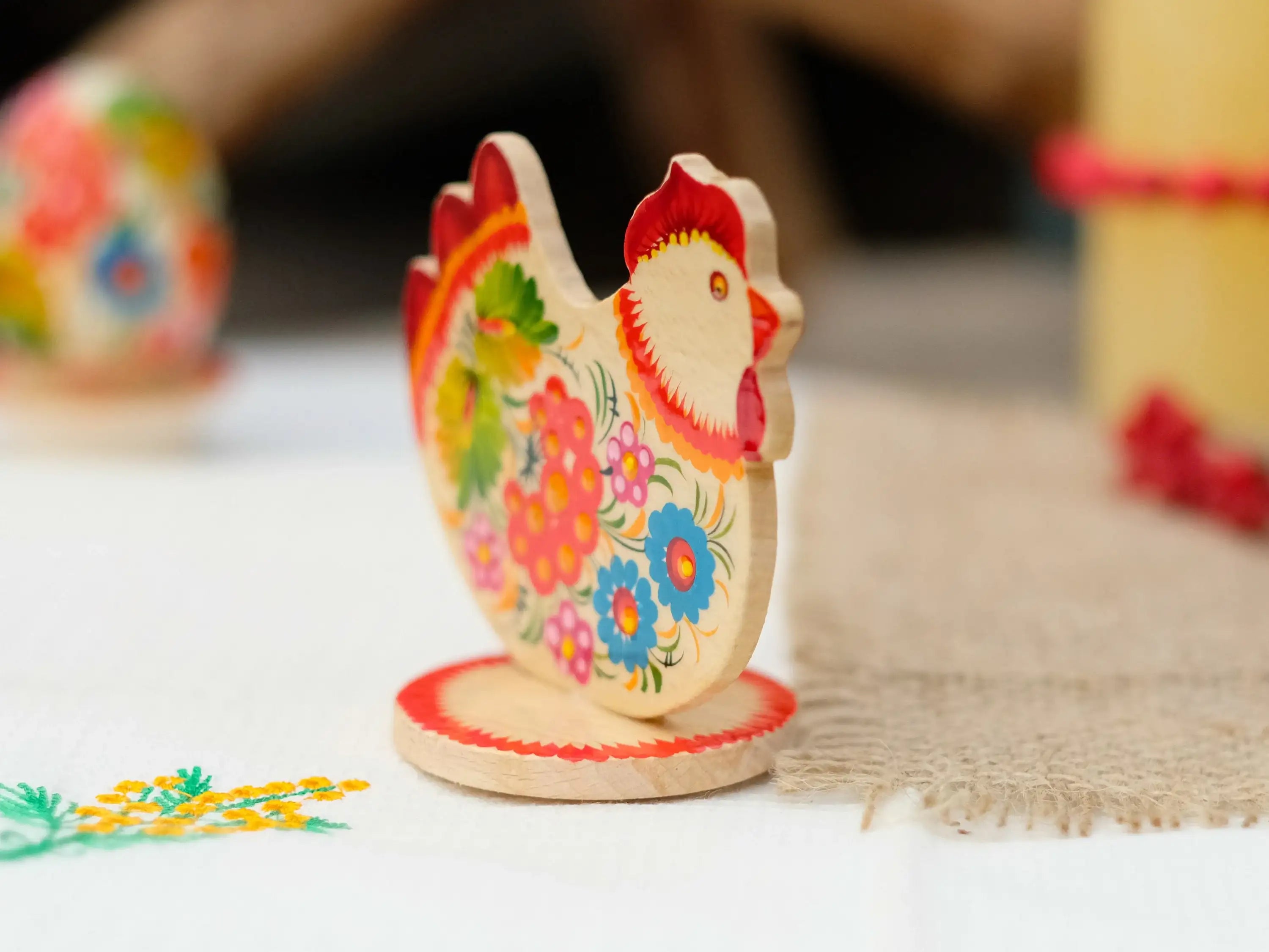 Wooden Easter Chicken Figurine on Stand with Traditional Petrykivka Art