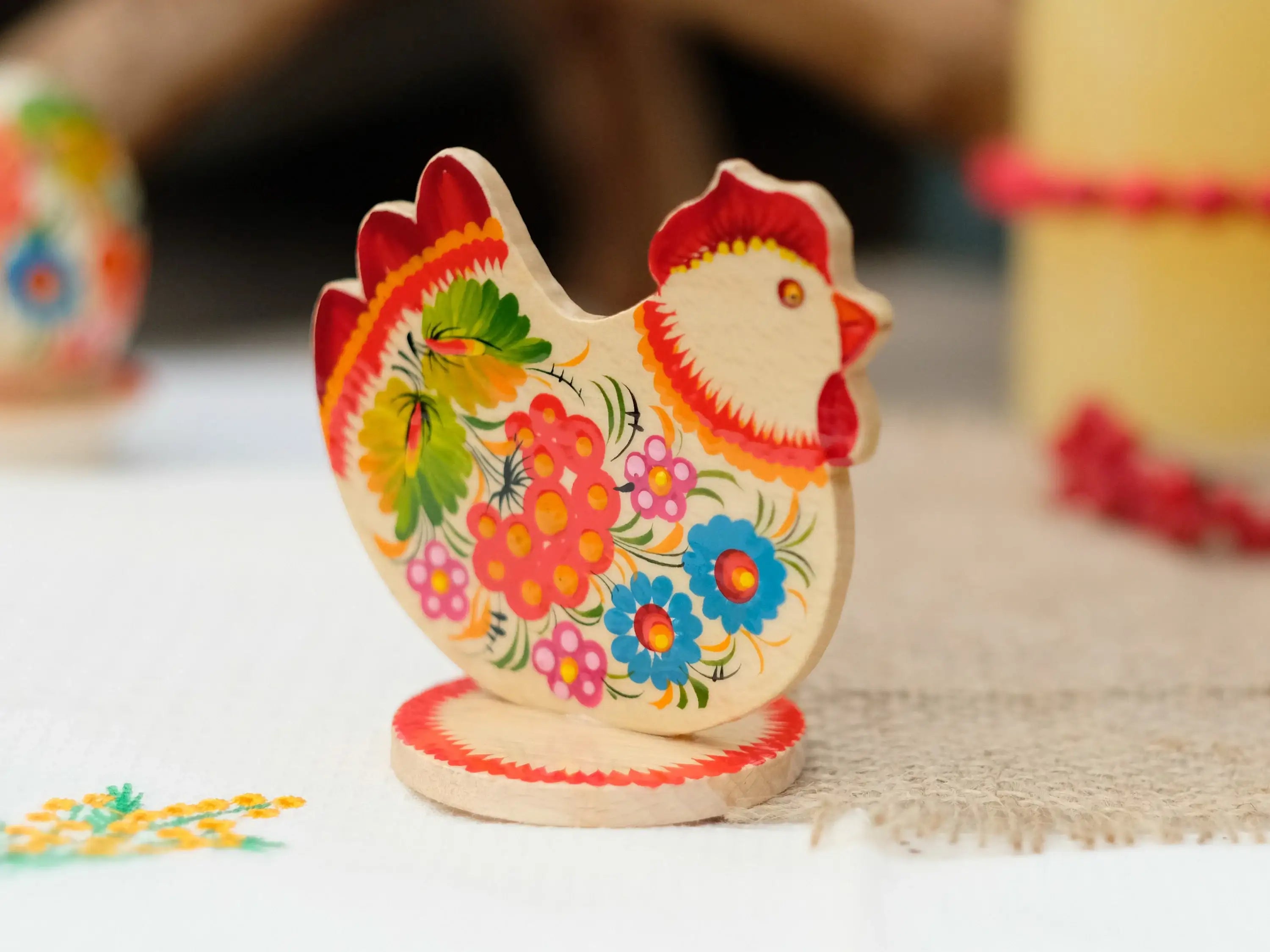 Wooden Easter Chicken Figurine on Stand with Traditional Petrykivka Art