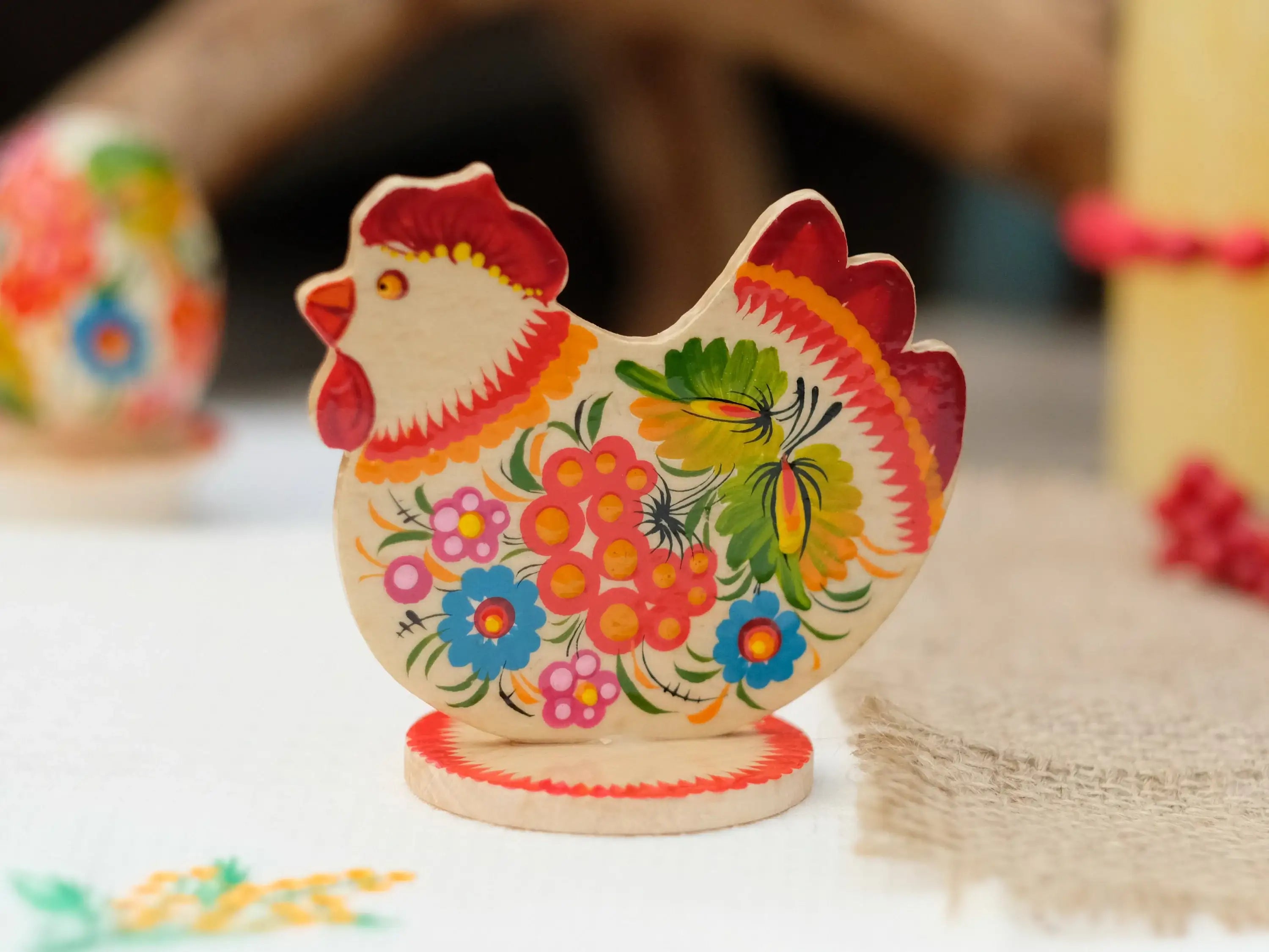 Wooden Easter Chicken Figurine on Stand with Traditional Petrykivka Art