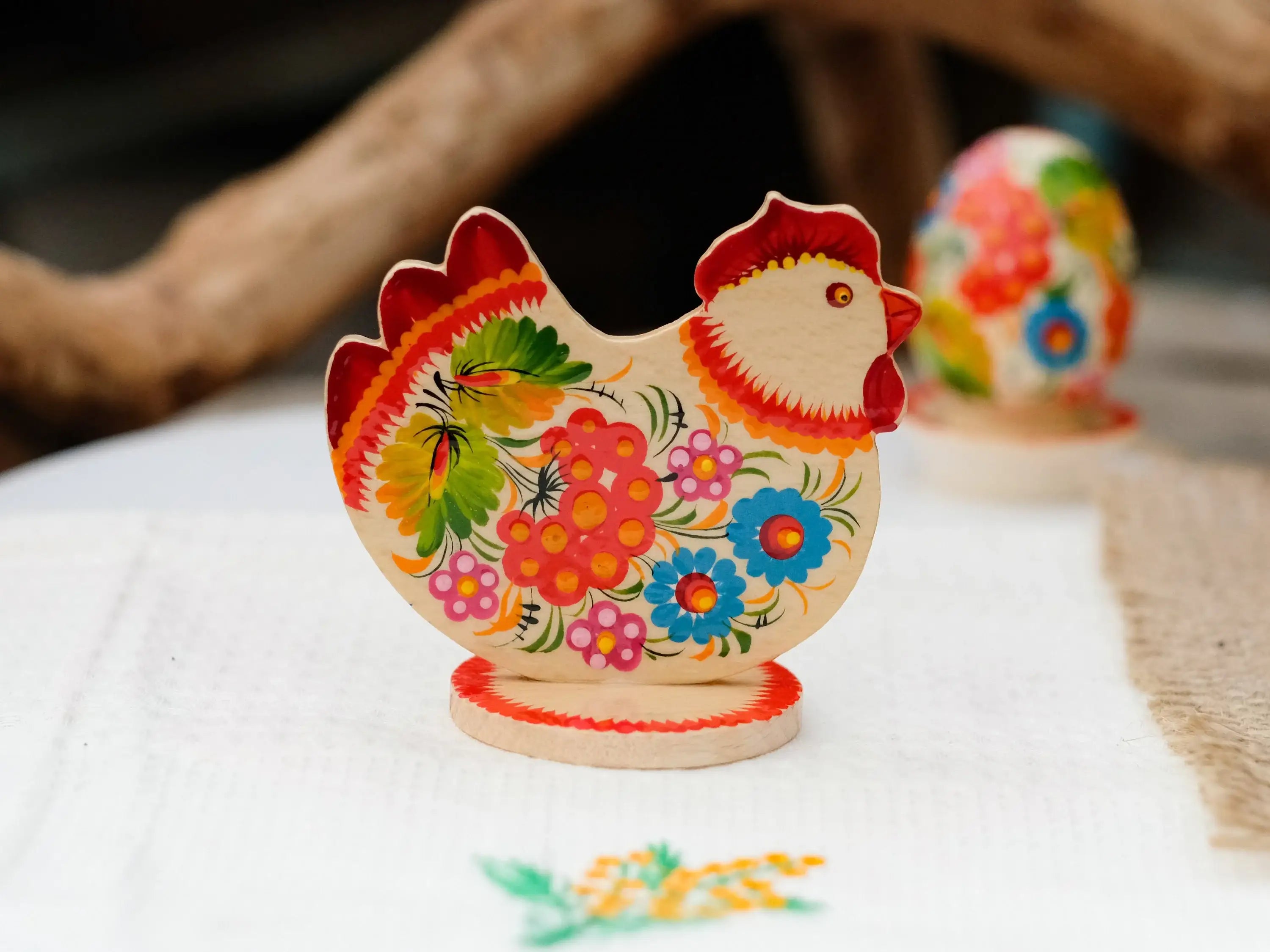 Wooden Easter Chicken Figurine on Stand with Traditional Petrykivka Art