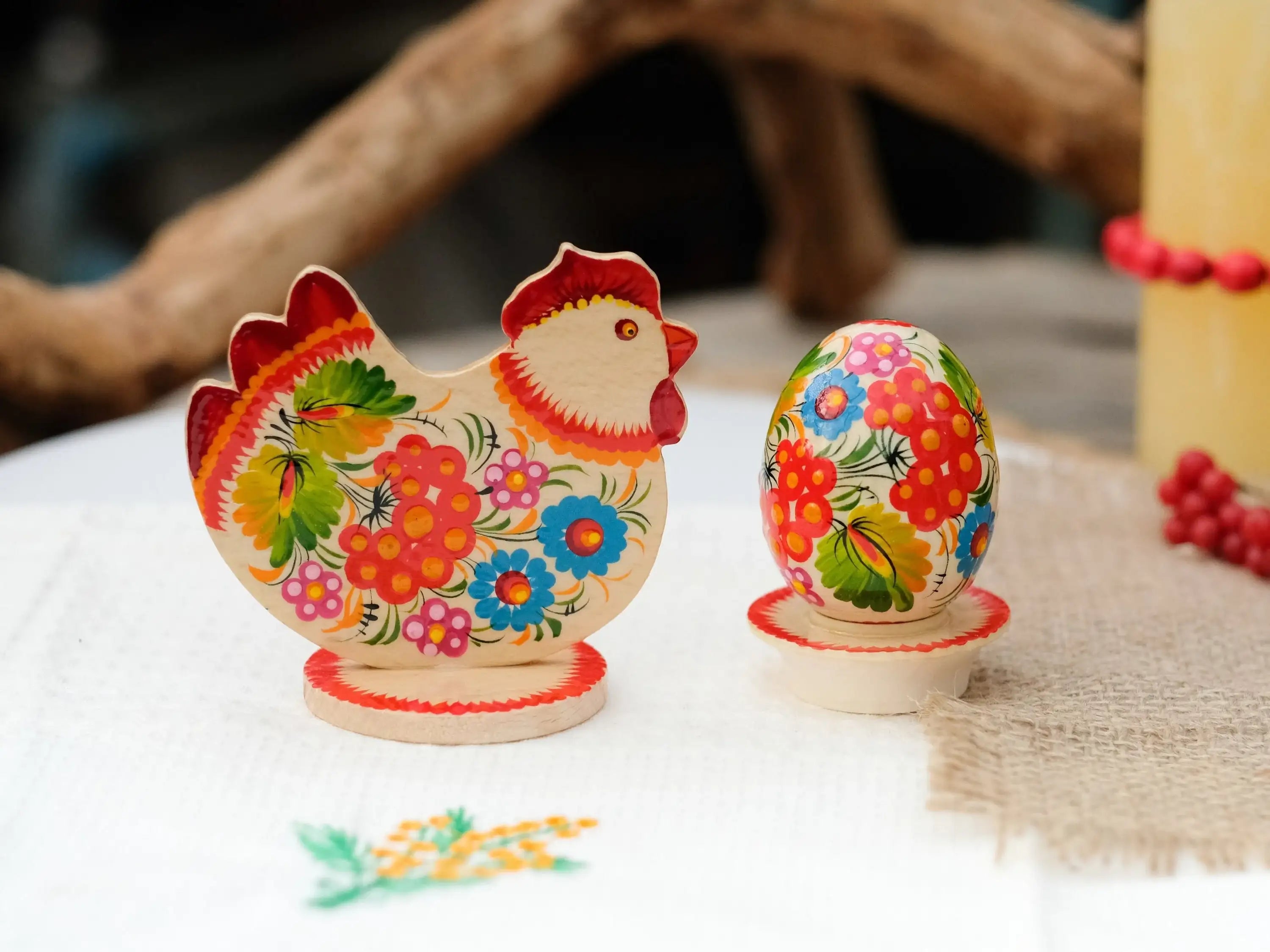 Wooden Easter Chicken Figurine on Stand with Traditional Petrykivka Art