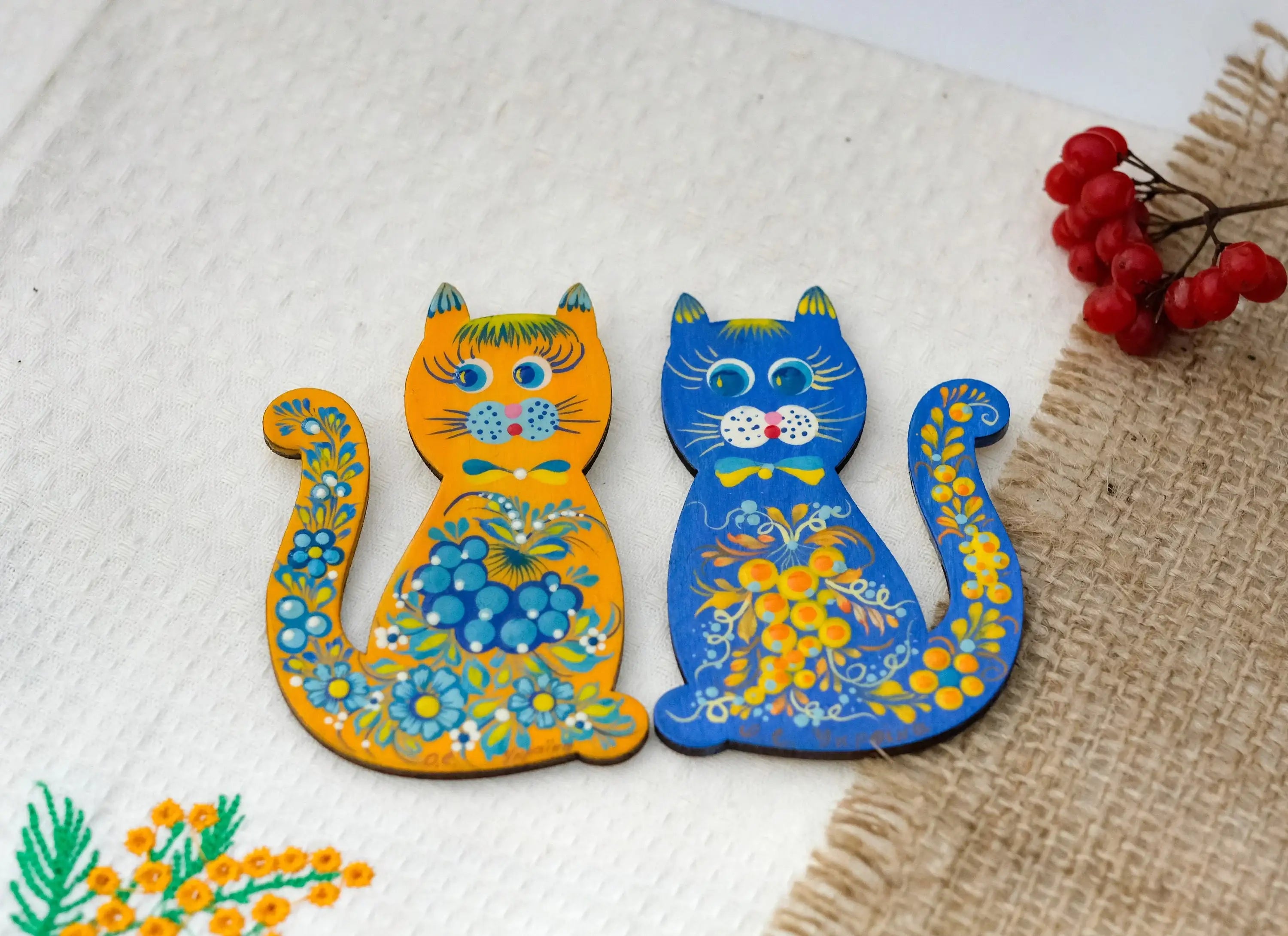 Painted Wooden Ukrainian Cat Fridge Magnet - Cute Animal Figure Locker Magnet