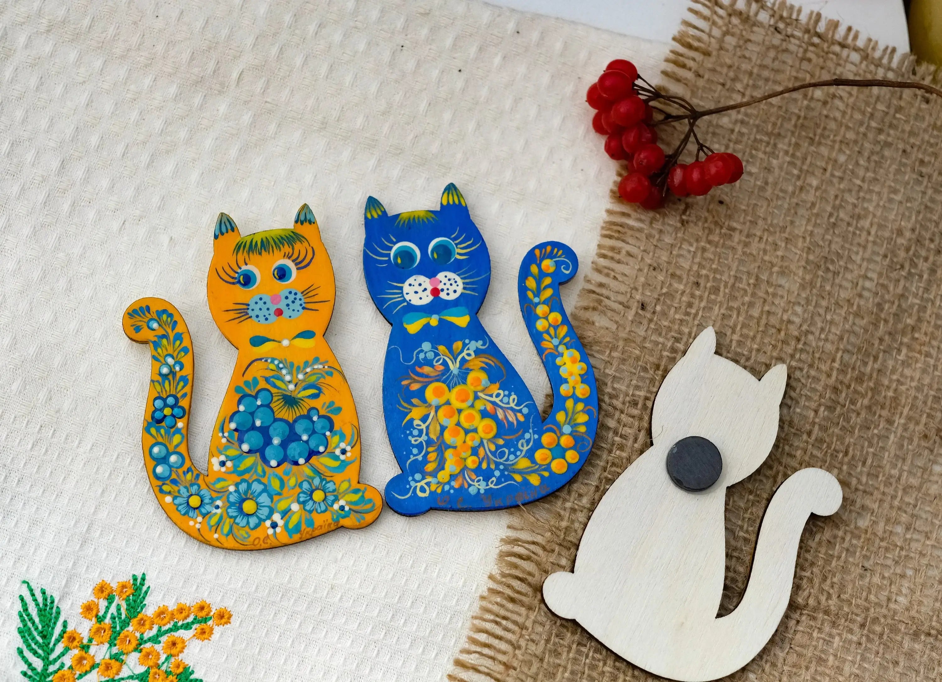 Painted Wooden Ukrainian Cat Fridge Magnet - Cute Animal Figure Locker Magnet