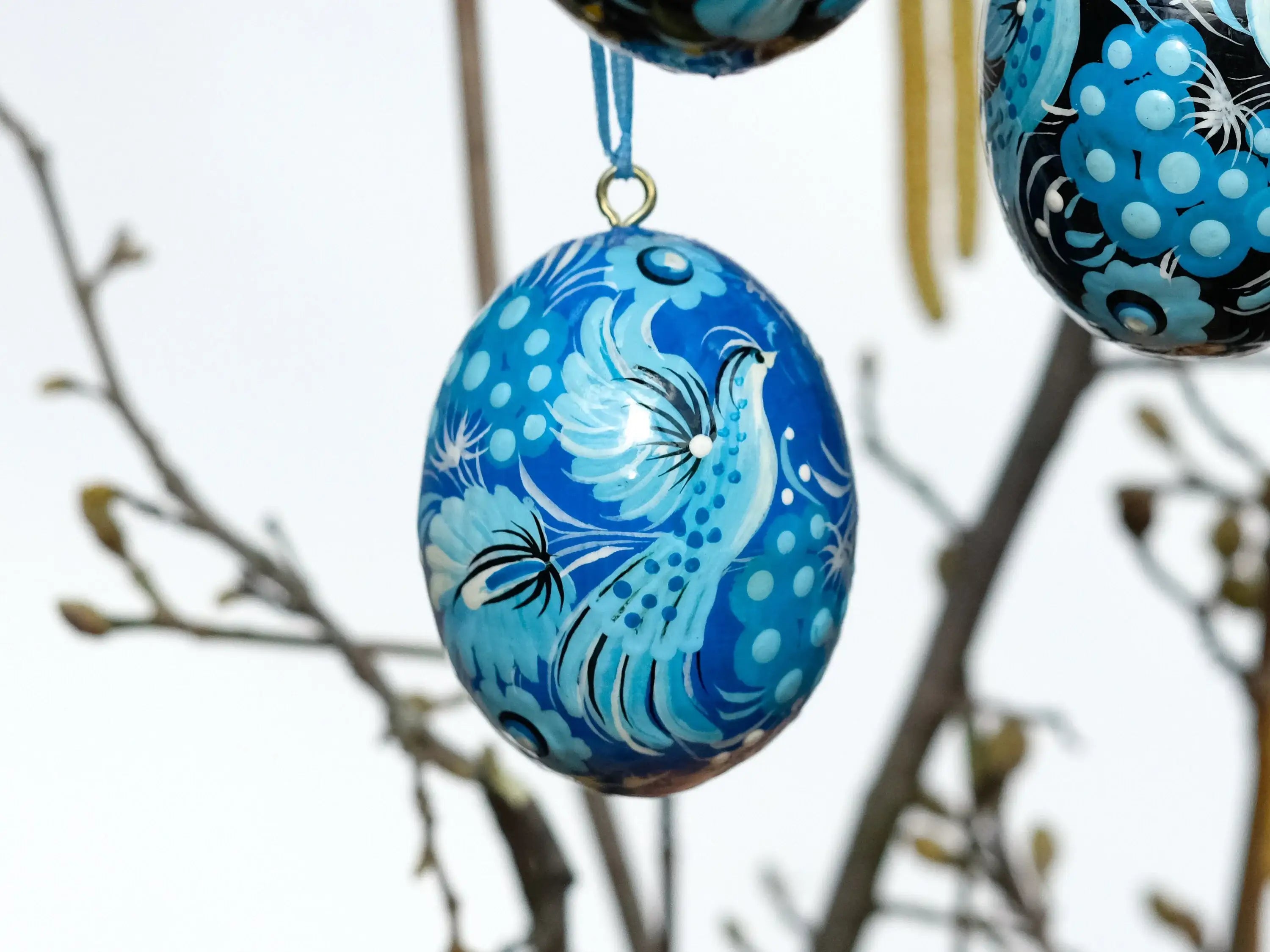 Set of 3 Ukrainian Easter Eggs with Ribbons - Hand-painted & Carved from Wood