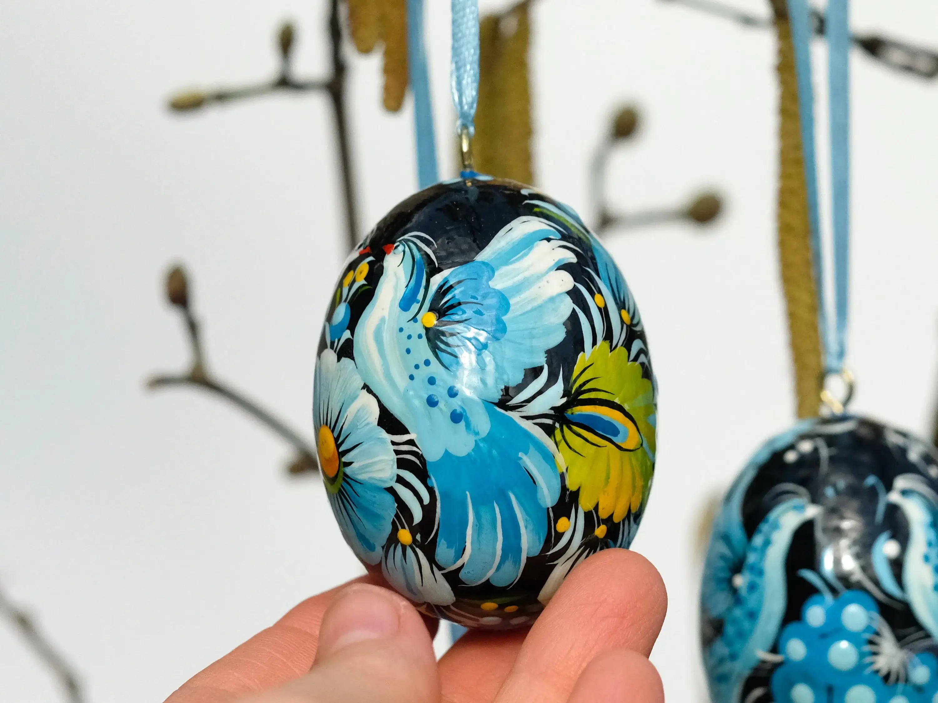 Set of 3 Ukrainian Easter Eggs with Ribbons - Hand-painted & Carved from Wood