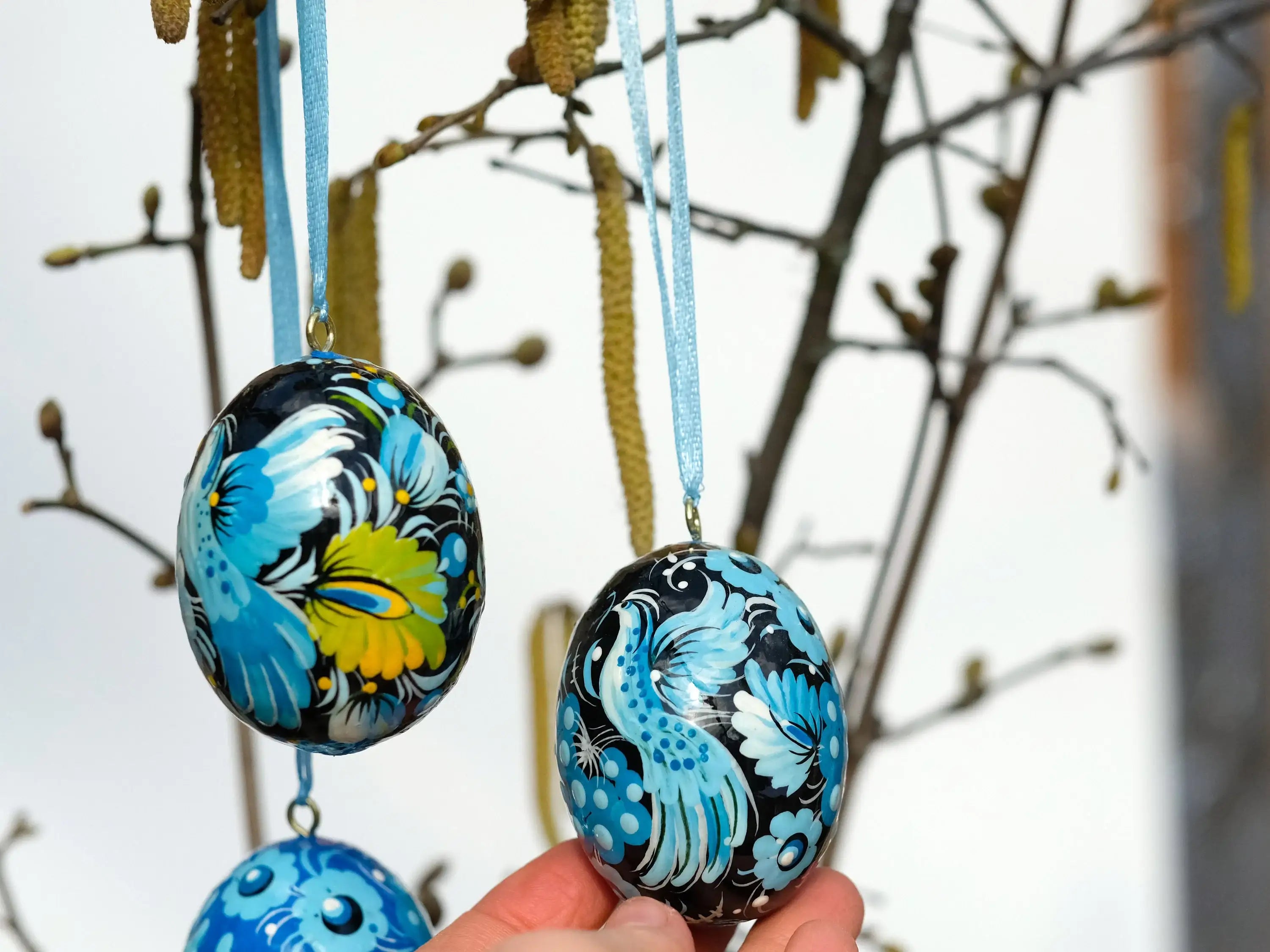 Set of 3 Ukrainian Easter Eggs with Ribbons - Hand-painted & Carved from Wood