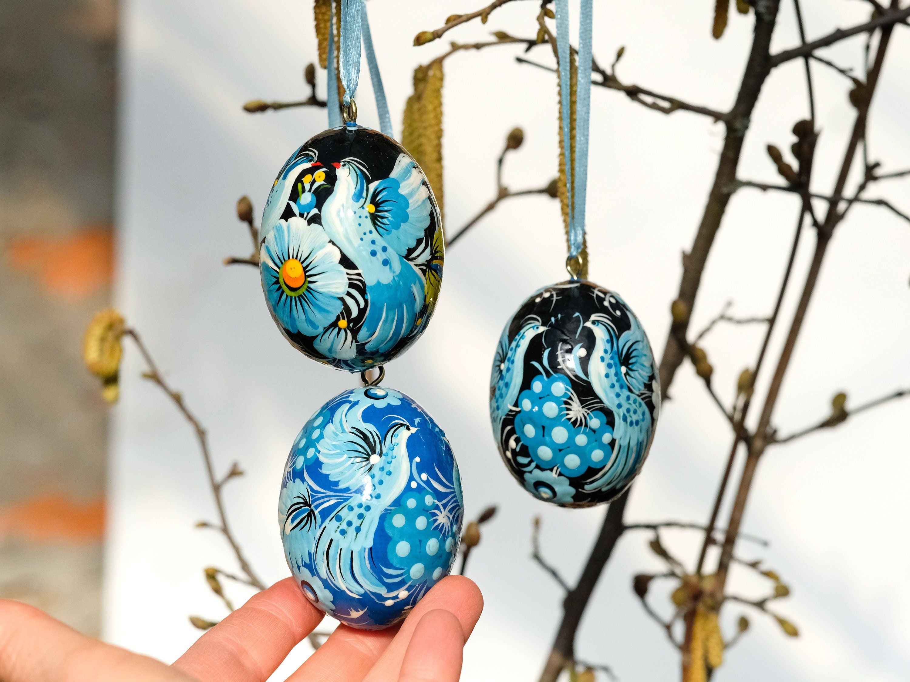 Set of 3 Ukrainian Easter Eggs with Ribbons - Hand-painted & Carved from Wood
