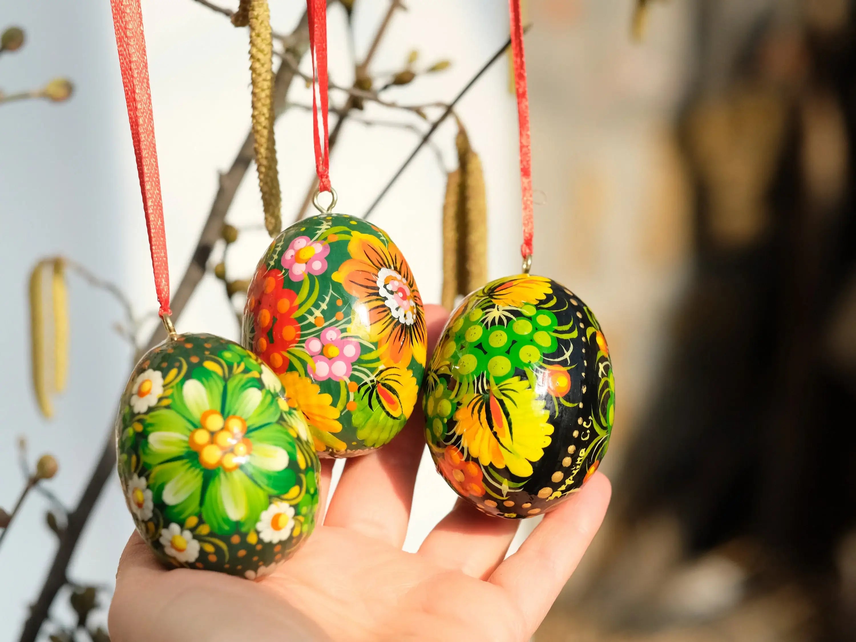 Ukrainian Easter Eggs Set 3pcs with Ribbons - Hand-painted & Carved from Wood